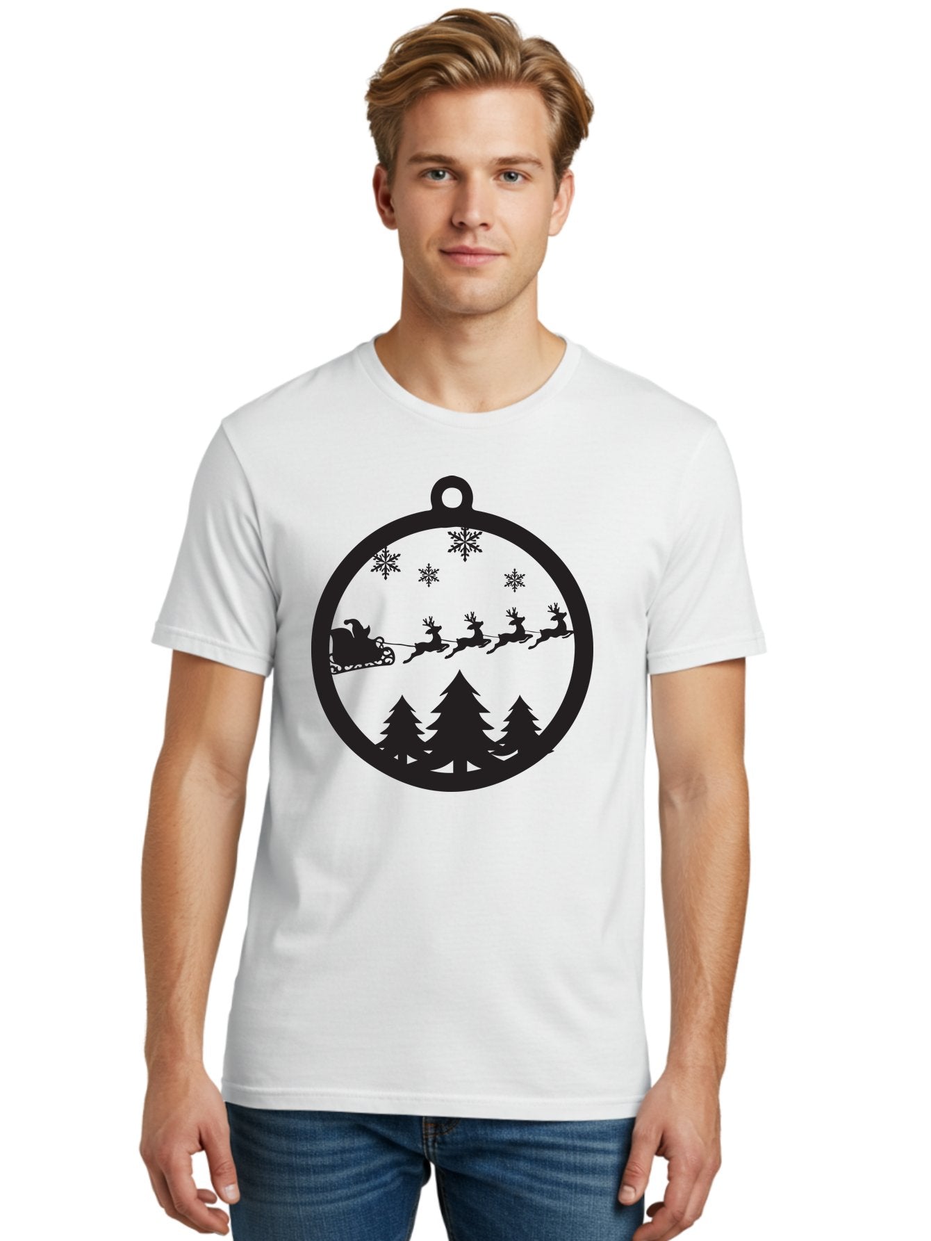 Santa-Sleigh-Silhouette Men'S Graphic Tee, 100% Cotton, Comfortable Casual Summer Wear, Machine Washable, Sleigh, Santa Claus, Reindeer, Snowy Night, Festive Trees, Holiday Decoration, Christmas Ornament, Winter Scene, Festive Atmosphere, Aad139 22