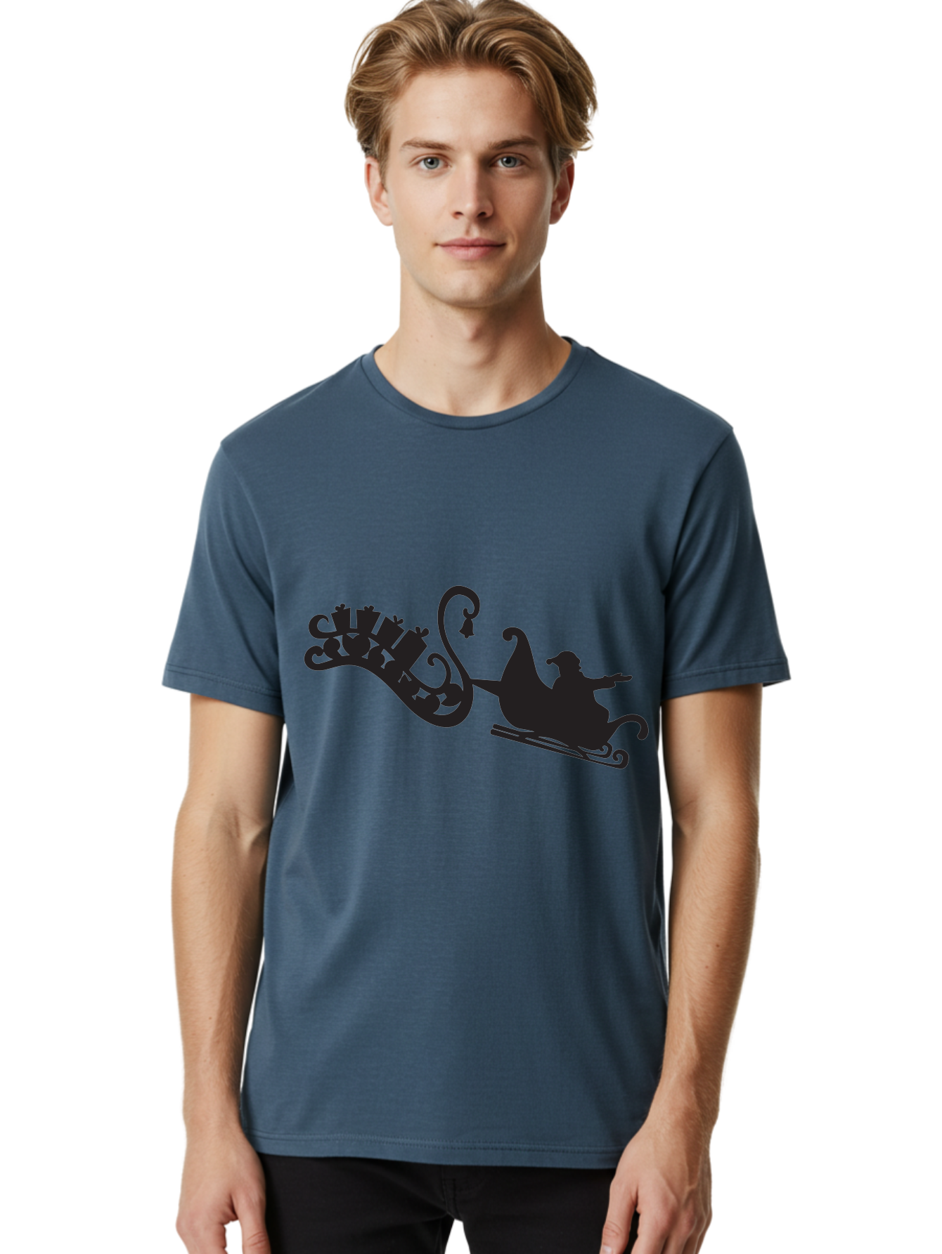 Santa-Sleigh Men'S Graphic Tee, 100% Cotton, Comfortable Casual Summer Wear, Machine Washable, Sleigh Silhouette, Santa Claus, Christmas Gifts, Festive Season, Holiday Cheer, Winter Wonderland, Jolly Old Elf, Gift Giving, Christmas Magic, Aad140 18