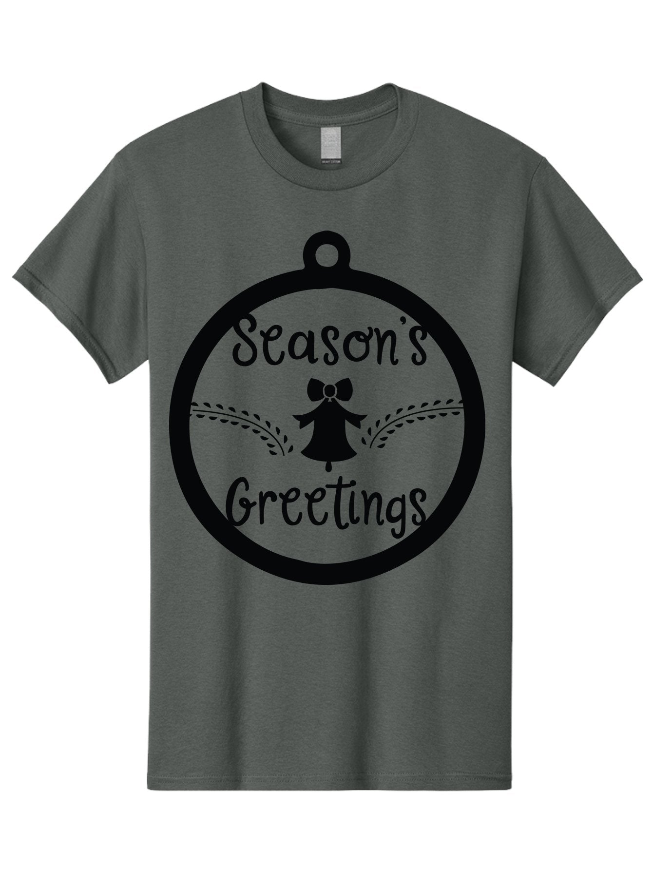 Season-S-Greetings Men'S Graphic Tee, 100% Cotton, Comfortable Casual Summer Wear, Machine Washable, Christmas Ornament, Festive Design, Holiday Greeting Card, Black Silhouette, Angel Silhouette, Bow Decoration, Black And Green, Aad145 4