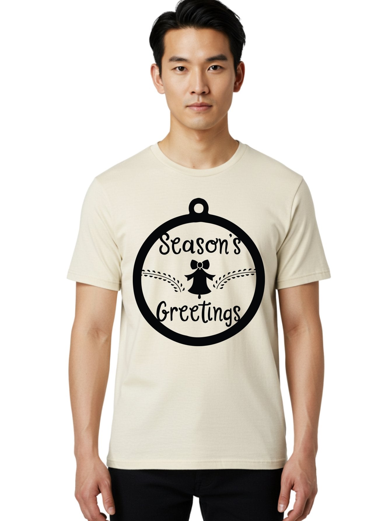 Season-S-Greetings Men'S Graphic Tee, 100% Cotton, Comfortable Casual Summer Wear, Machine Washable, Christmas Ornament, Festive Design, Holiday Greeting Card, Black Silhouette, Angel Silhouette, Bow Decoration, Black And Green, Aad145 30