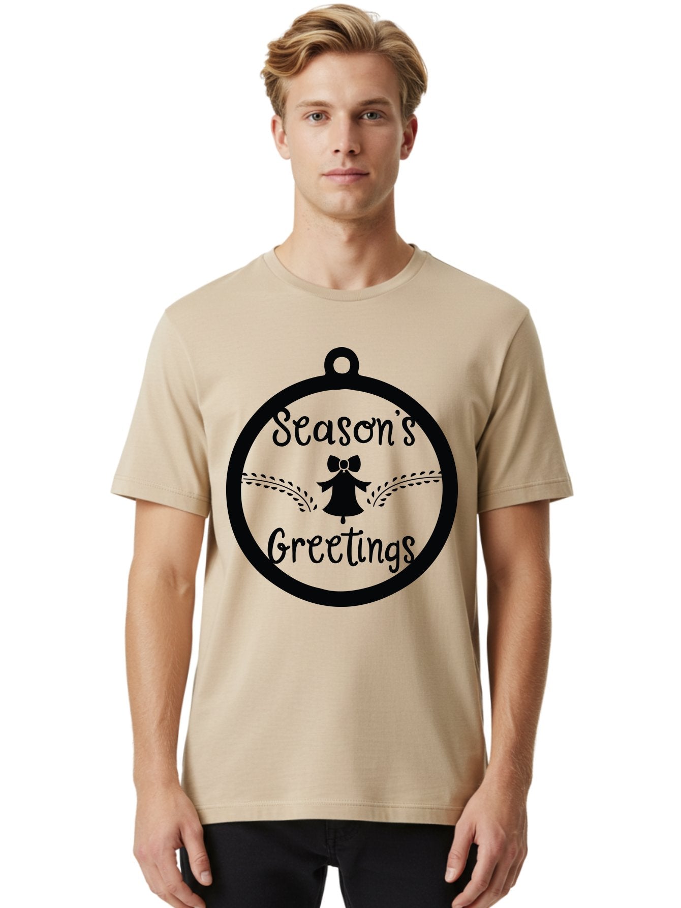 Season-S-Greetings Men'S Graphic Tee, 100% Cotton, Comfortable Casual Summer Wear, Machine Washable, Christmas Ornament, Festive Design, Holiday Greeting Card, Black Silhouette, Angel Silhouette, Bow Decoration, Black And Green, Aad145 17