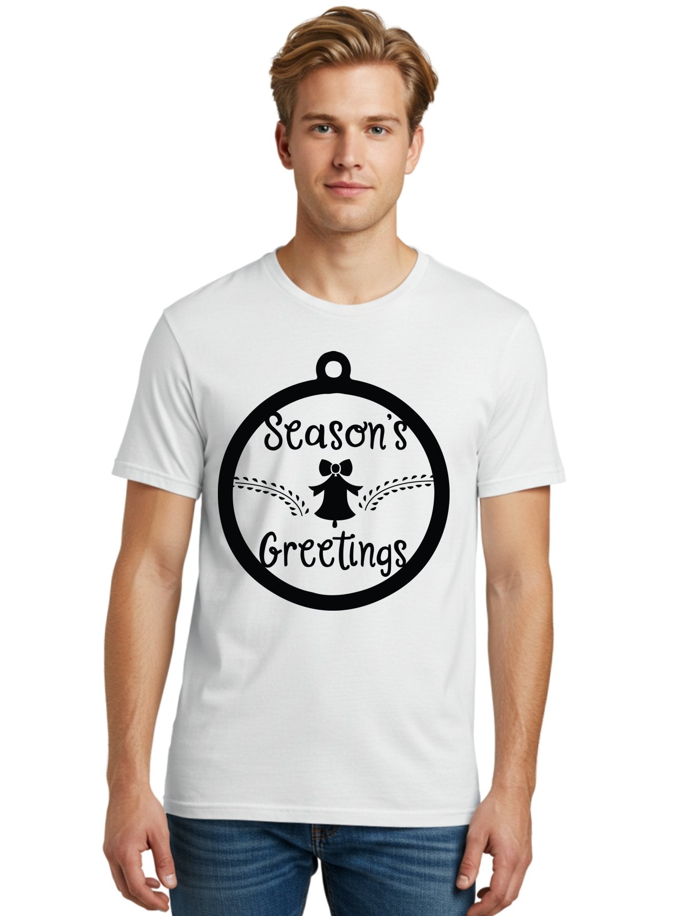 Season-S-Greetings Men'S Graphic Tee, 100% Cotton, Comfortable Casual Summer Wear, Machine Washable, Christmas Ornament, Festive Design, Holiday Greeting Card, Black Silhouette, Angel Silhouette, Bow Decoration, Black And Green, Aad145 24