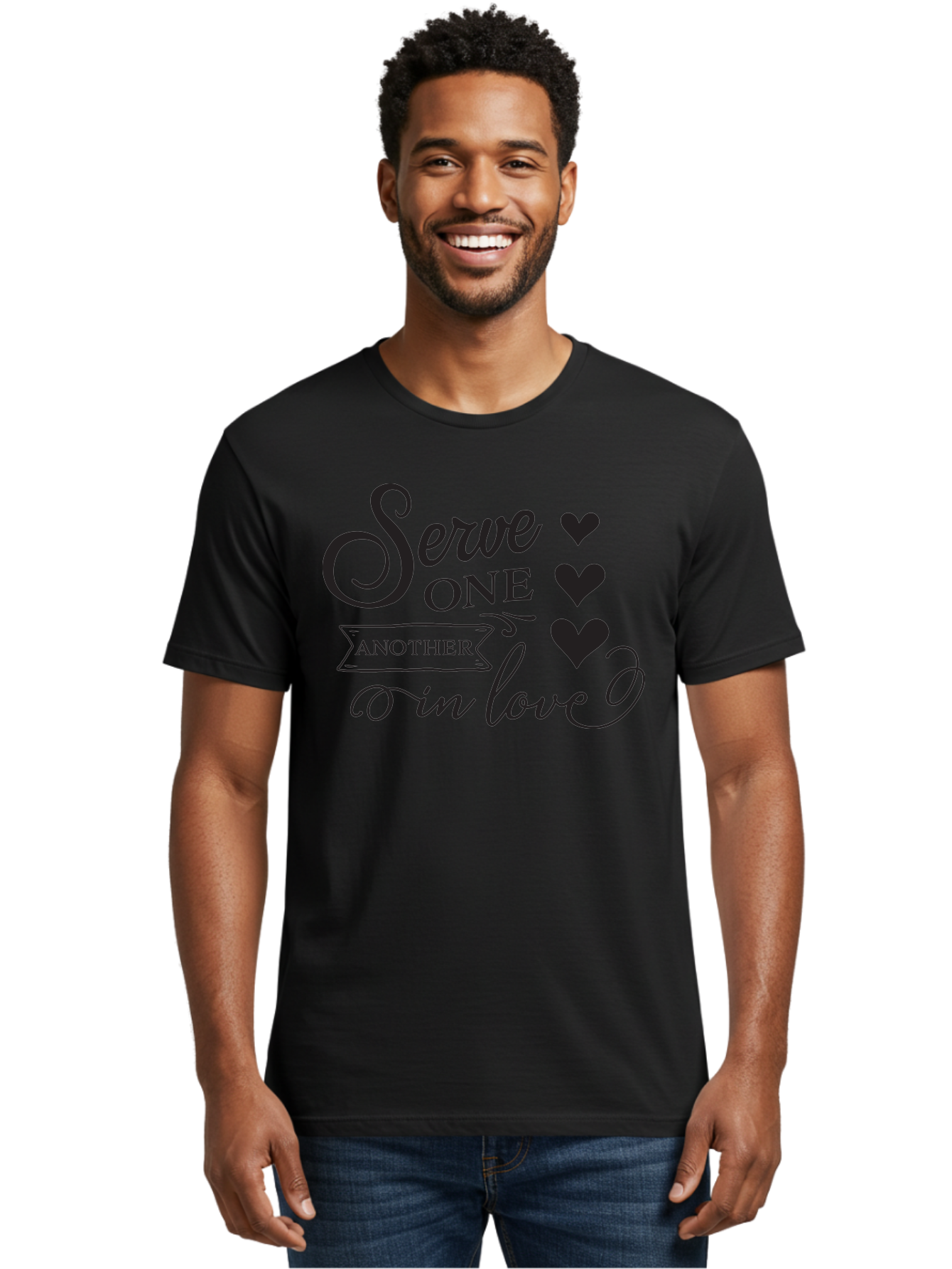 Serve-One-Another-In-Love Men'S Graphic Tee, 100% Cotton, Comfortable Casual Summer Wear, Machine Washable, Serve One Another, Love Message, Heartwarming Quote, Inspirational Saying, Kindness Reminder, Black Hearts, Typography Art Aad148 26