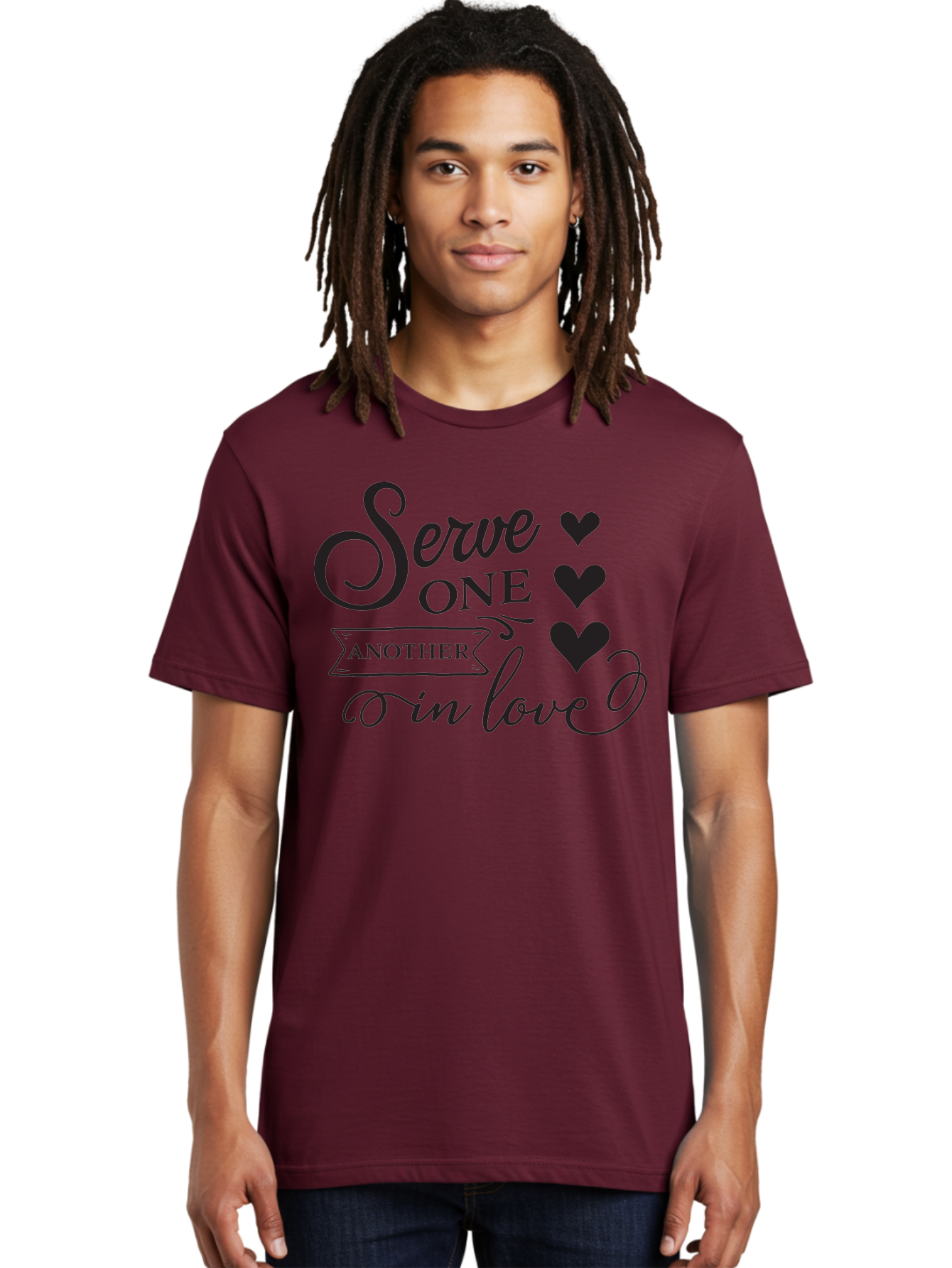 Serve-One-Another-In-Love Men'S Graphic Tee, 100% Cotton, Comfortable Casual Summer Wear, Machine Washable, Serve One Another, Love Message, Heartwarming Quote, Inspirational Saying, Kindness Reminder, Black Hearts, Typography Art Aad148 12