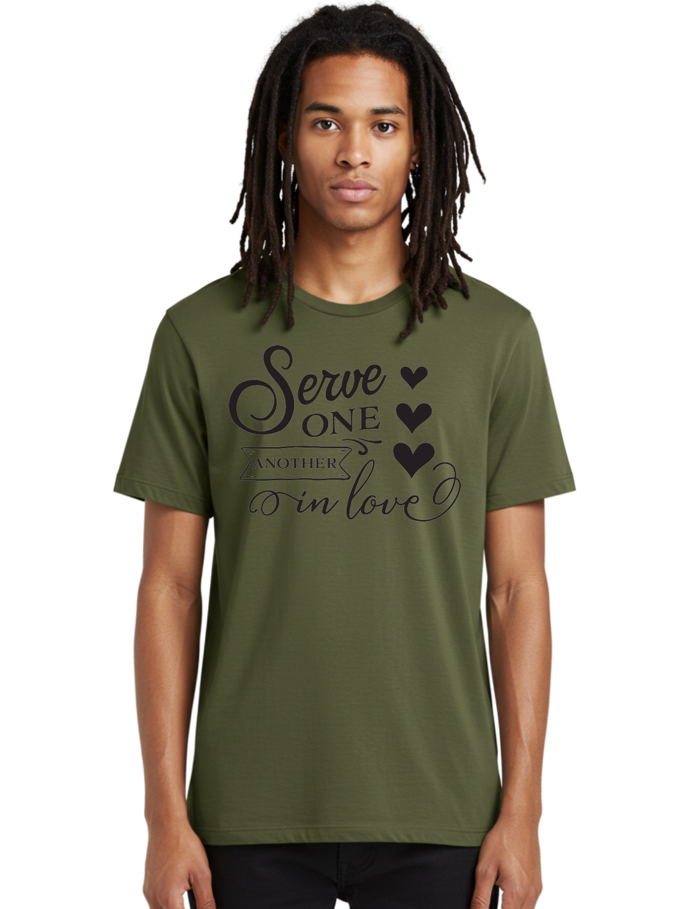 Serve-One-Another-In-Love Men'S Graphic Tee, 100% Cotton, Comfortable Casual Summer Wear, Machine Washable, Serve One Another, Love Message, Heartwarming Quote, Inspirational Saying, Kindness Reminder, Black Hearts, Typography Art Aad148 20