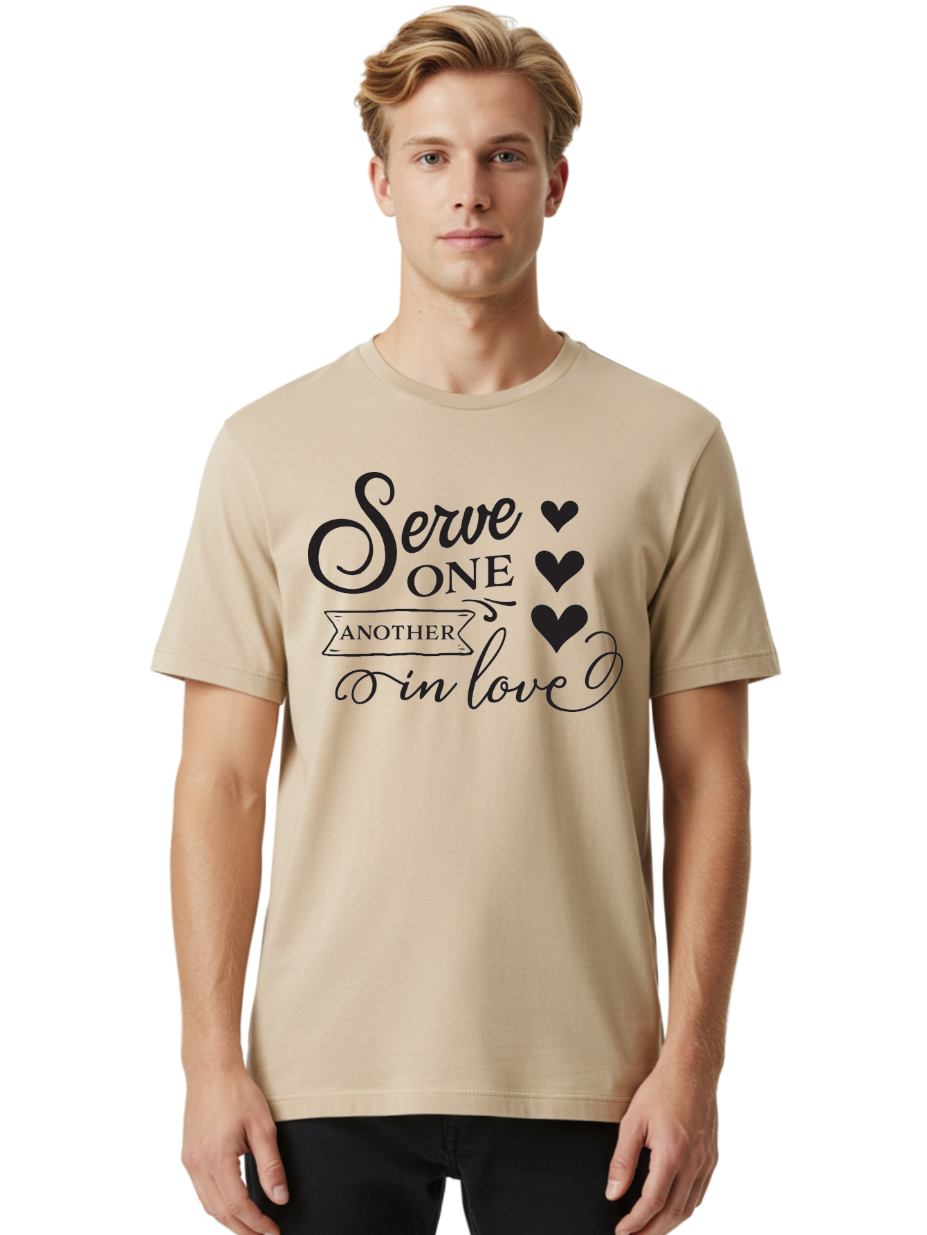 Serve-One-Another-In-Love Men'S Graphic Tee, 100% Cotton, Comfortable Casual Summer Wear, Machine Washable, Serve One Another, Love Message, Heartwarming Quote, Inspirational Saying, Kindness Reminder, Black Hearts, Typography Art Aad148 24