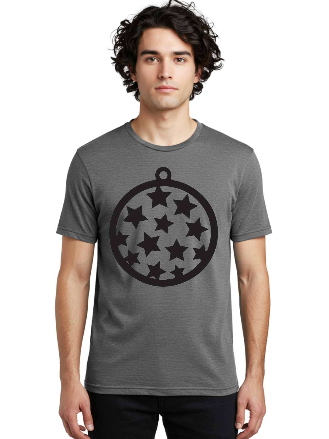 Seven-Star-Ball Men'S Graphic Tee, 100% Cotton, Comfortable Casual Summer Wear, Machine Washable, Seven Stars, Black Stars, Circular Frame, Ornament Design, Christmas Decoration, Festive Symbol, Star Pattern, Magic Symbol, Mystical Design Aad149 24