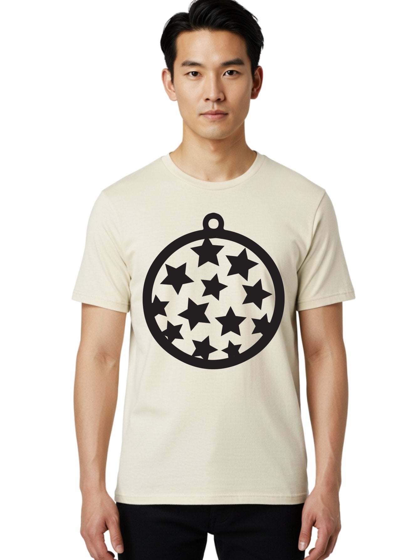Seven-Star-Ball Men'S Graphic Tee, 100% Cotton, Comfortable Casual Summer Wear, Machine Washable, Seven Stars, Black Stars, Circular Frame, Ornament Design, Christmas Decoration, Festive Symbol, Star Pattern, Magic Symbol, Mystical Design Aad149 21