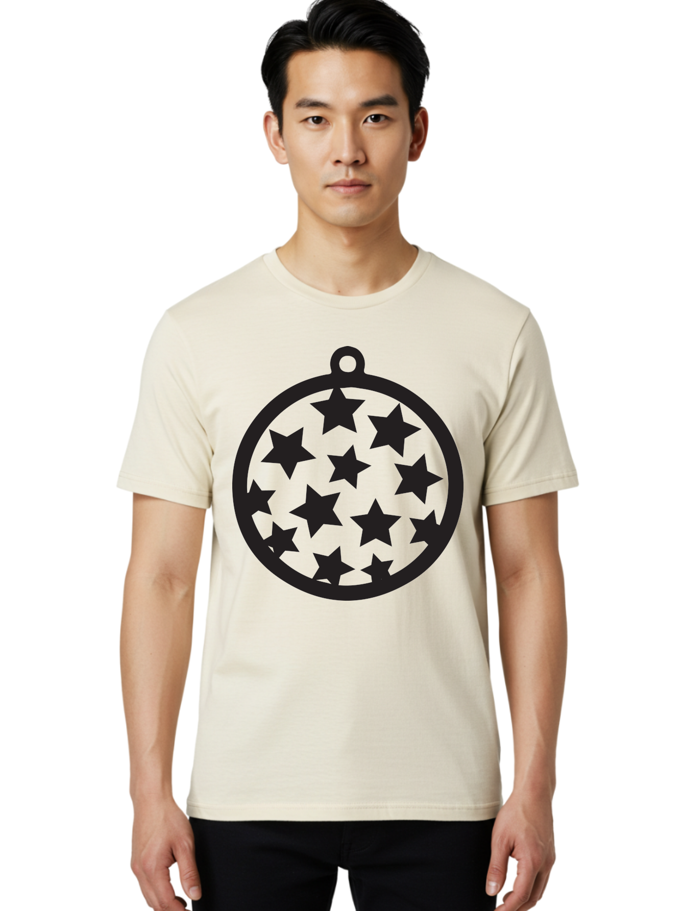 Seven-Star-Ball Men'S Graphic Tee, 100% Cotton, Comfortable Casual Summer Wear, Machine Washable, Seven Stars, Black Stars, Circular Frame, Ornament Design, Christmas Decoration, Festive Symbol, Star Pattern, Magic Symbol, Mystical Design Aad149 20