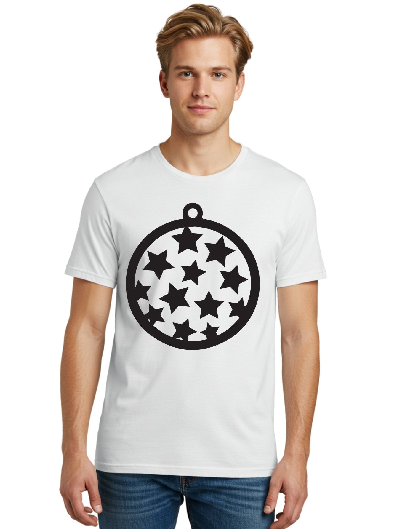 Seven-Star-Ball Men'S Graphic Tee, 100% Cotton, Comfortable Casual Summer Wear, Machine Washable, Seven Stars, Black Stars, Circular Frame, Ornament Design, Christmas Decoration, Festive Symbol, Star Pattern, Magic Symbol, Mystical Design Aad149 17