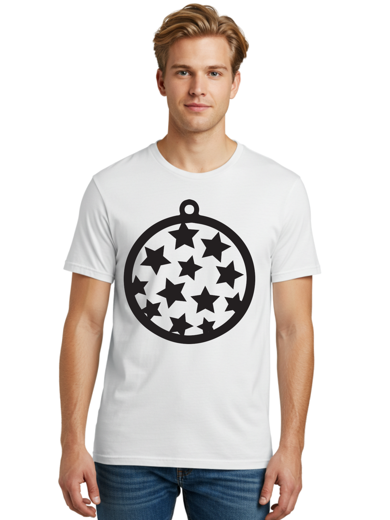 Seven-Star-Ball Men'S Graphic Tee, 100% Cotton, Comfortable Casual Summer Wear, Machine Washable, Seven Stars, Black Stars, Circular Frame, Ornament Design, Christmas Decoration, Festive Symbol, Star Pattern, Magic Symbol, Mystical Design Aad149 28