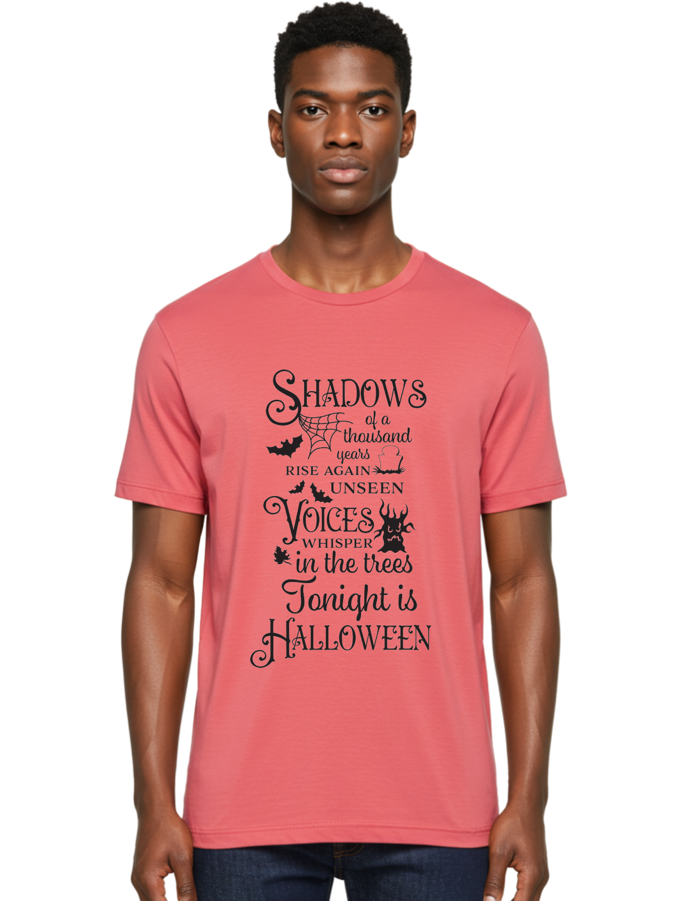 Shadows-Of-A-Thousand-Years-Rise-Again-Unseen-Voices-Whisper-In-The-Trees-Tonight-Is-Halloween Men'S Graphic Tee, 100% Cotton, Comfortable Casual Summer Wear, Machine Washable, Halloween Quote, Spooky Season, Shadows Rise Again, Unseen Voices, Aad150 26