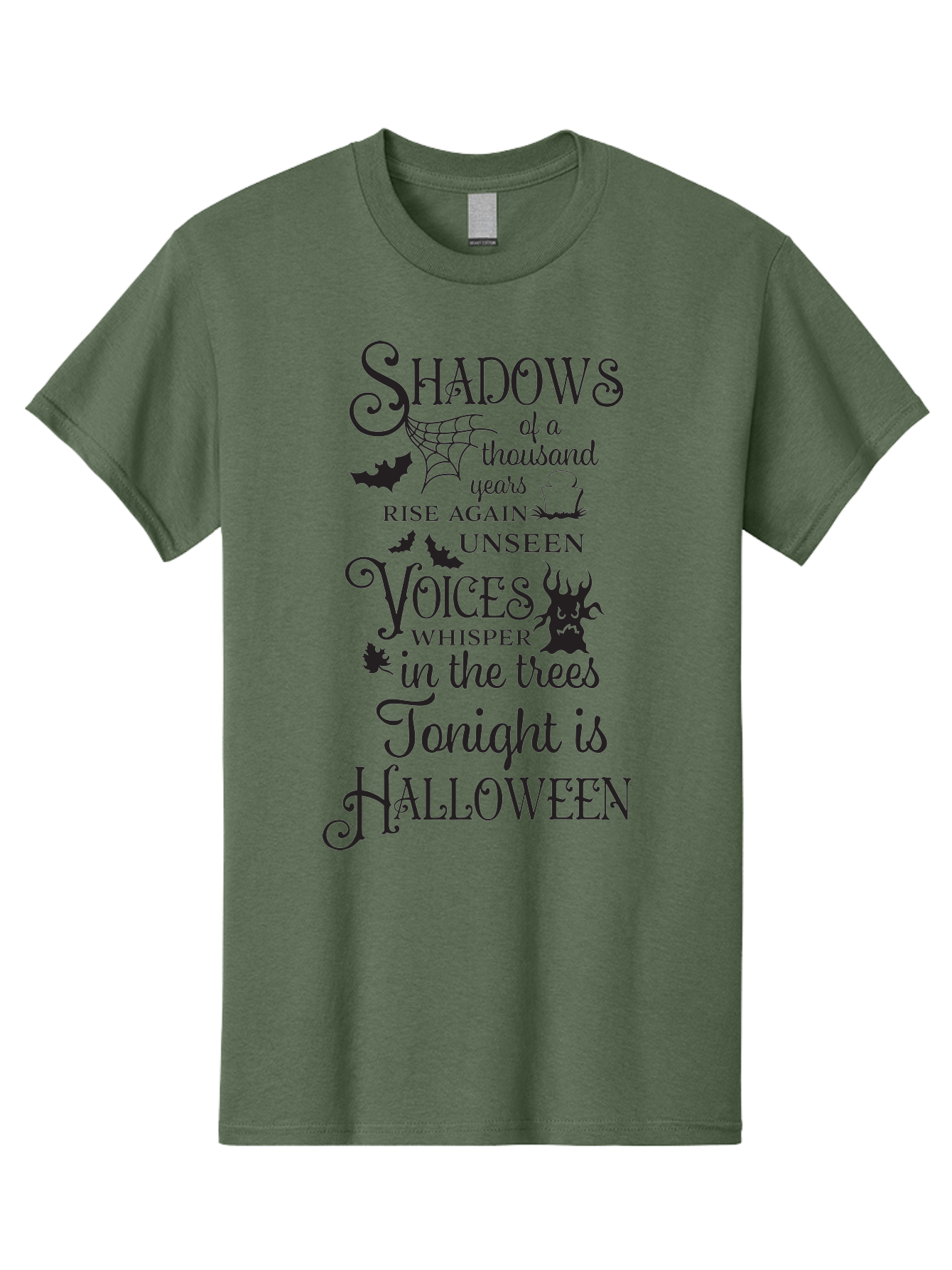 Shadows-Of-A-Thousand-Years-Rise-Again-Unseen-Voices-Whisper-In-The-Trees-Tonight-Is-Halloween Men'S Graphic Tee, 100% Cotton, Comfortable Casual Summer Wear, Machine Washable, Halloween Quote, Spooky Season, Shadows Rise Again, Unseen Voices, Aad150 15