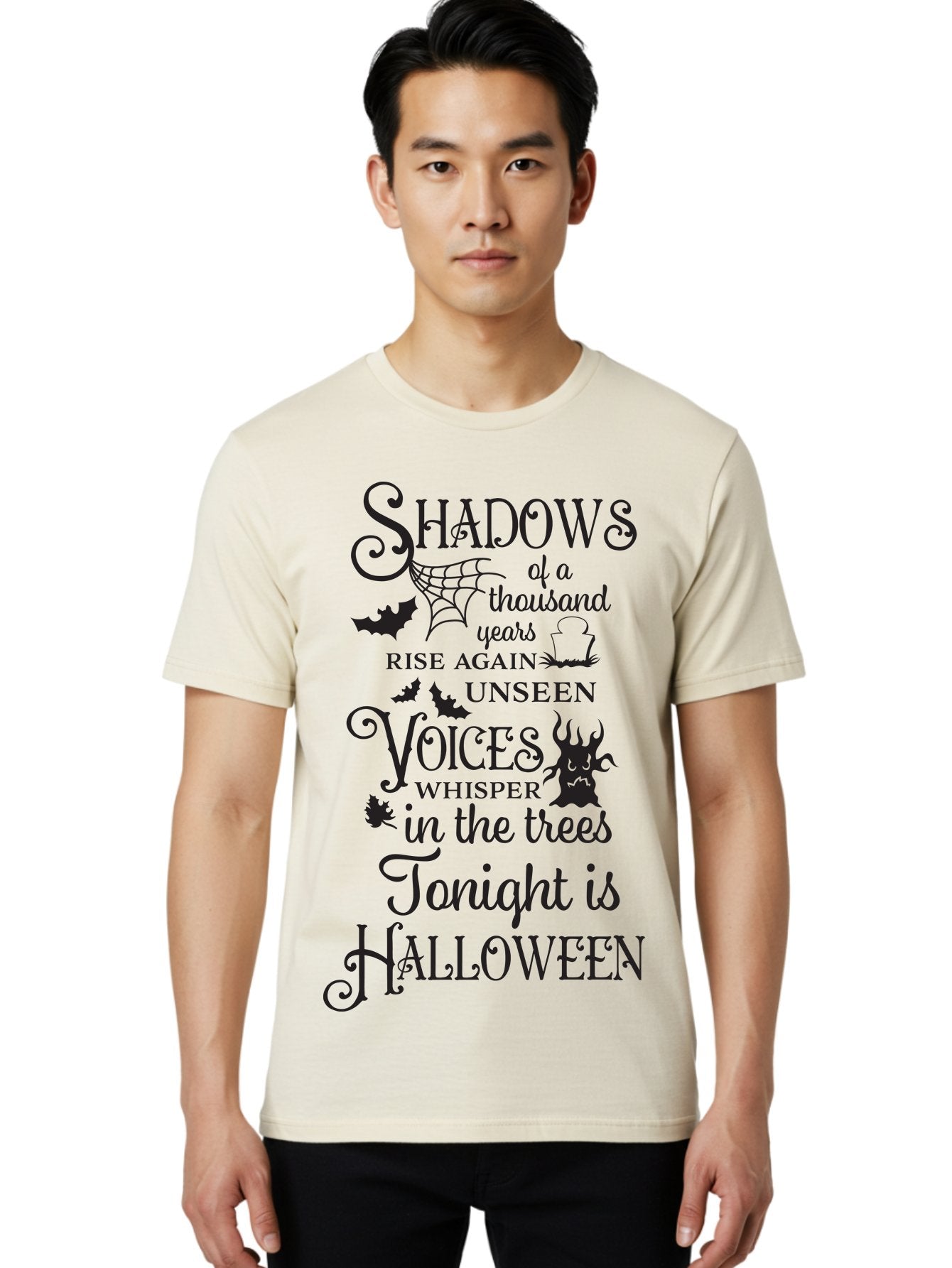 Shadows-Of-A-Thousand-Years-Rise-Again-Unseen-Voices-Whisper-In-The-Trees-Tonight-Is-Halloween Men'S Graphic Tee, 100% Cotton, Comfortable Casual Summer Wear, Machine Washable, Halloween Quote, Spooky Season, Shadows Rise Again, Unseen Voices, Aad150 17