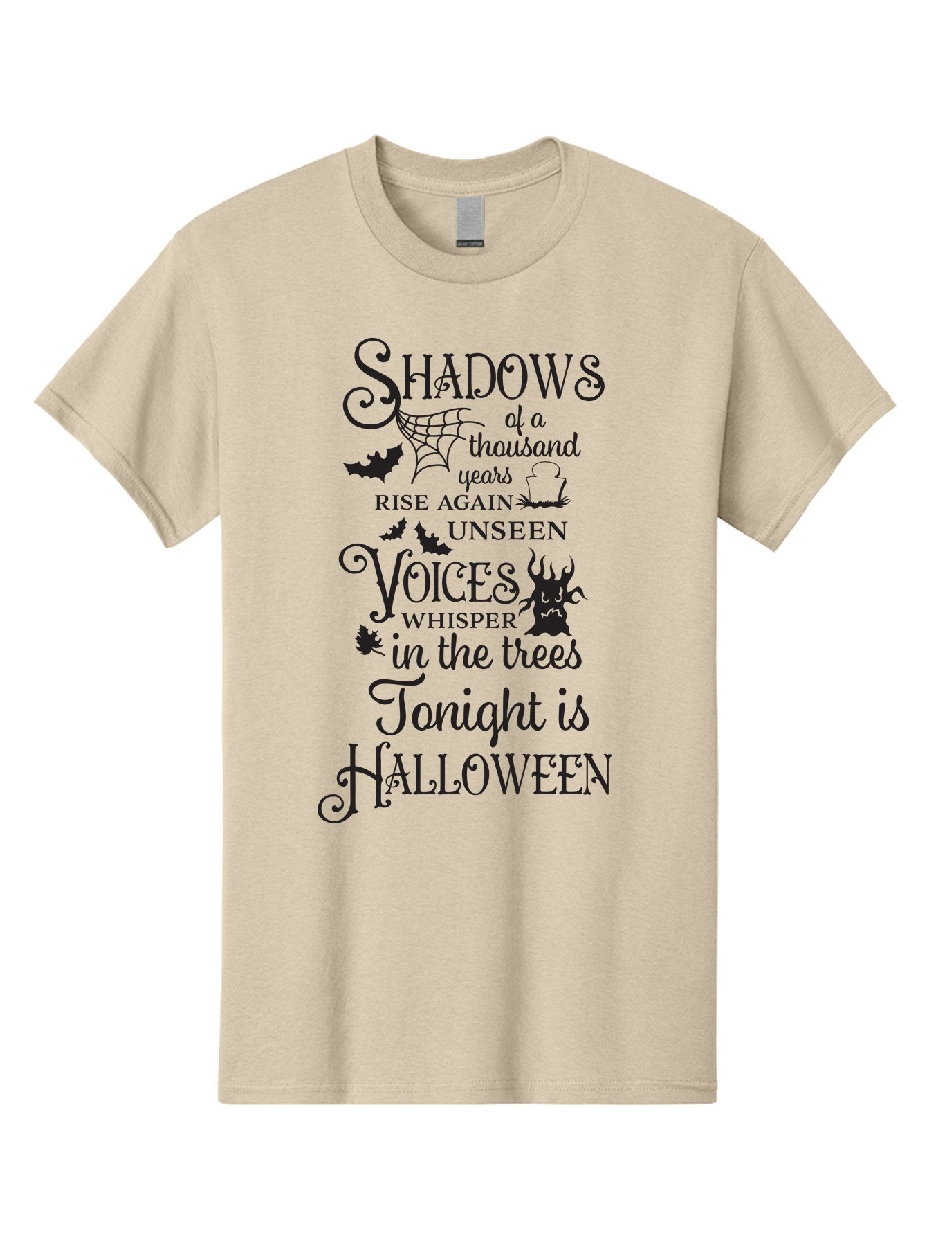 Shadows-Of-A-Thousand-Years-Rise-Again-Unseen-Voices-Whisper-In-The-Trees-Tonight-Is-Halloween Men'S Graphic Tee, 100% Cotton, Comfortable Casual Summer Wear, Machine Washable, Halloween Quote, Spooky Season, Shadows Rise Again, Unseen Voices, Aad150