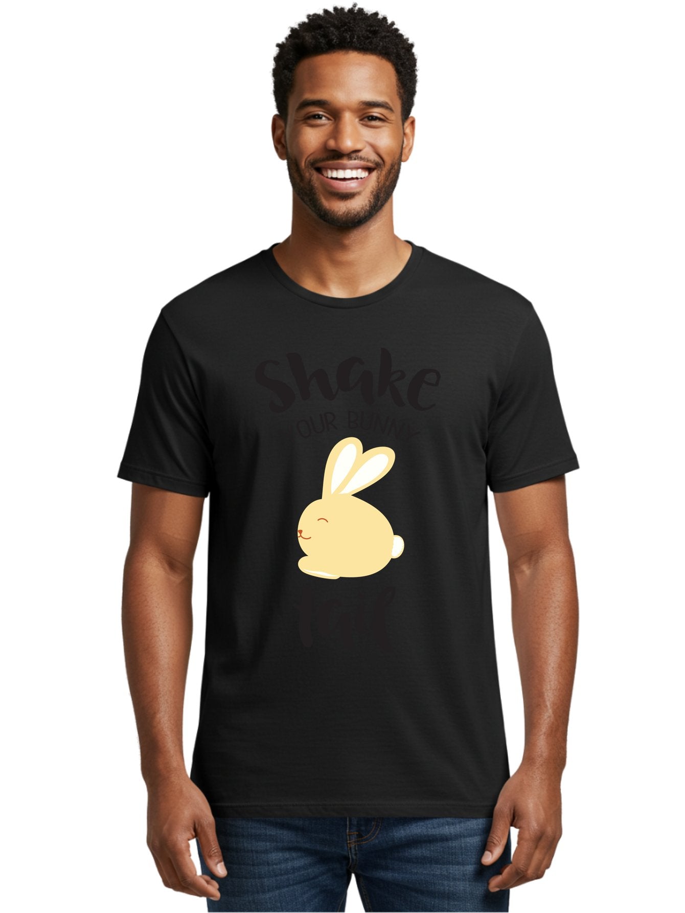 Shake-Your-Bunny-Tail Men'S Graphic Tee, 100% Cotton, Comfortable Casual Summer Wear, Machine Washable, Funny Bunny Graphic, Cute Cartoon Rabbit, Easter-Themed Design, Humorous Phrase, Shake Your Bunny Tail, Yellow Bunny Illustration, Aad151 26