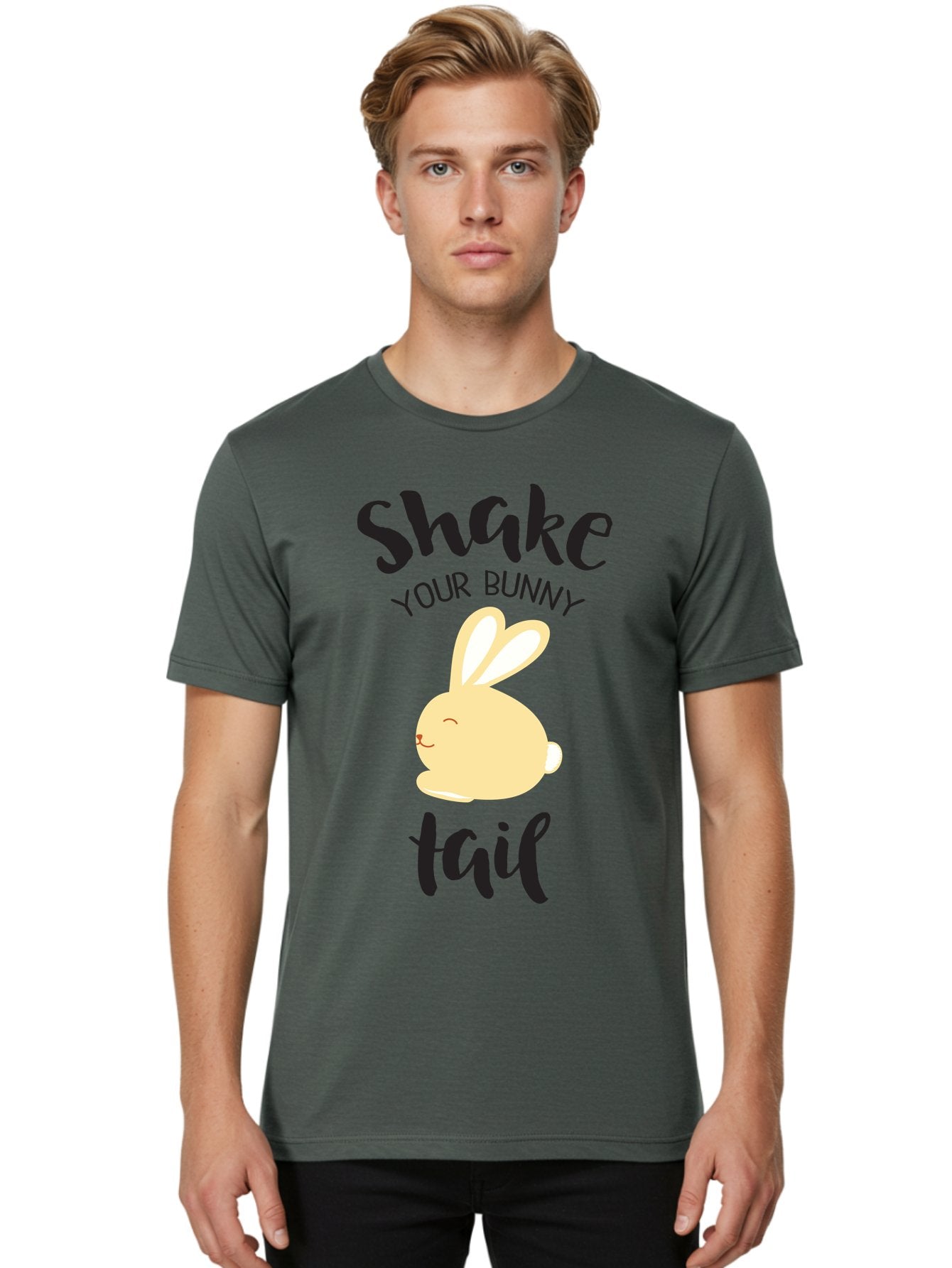Shake-Your-Bunny-Tail Men'S Graphic Tee, 100% Cotton, Comfortable Casual Summer Wear, Machine Washable, Funny Bunny Graphic, Cute Cartoon Rabbit, Easter-Themed Design, Humorous Phrase, Shake Your Bunny Tail, Yellow Bunny Illustration, Aad151 24