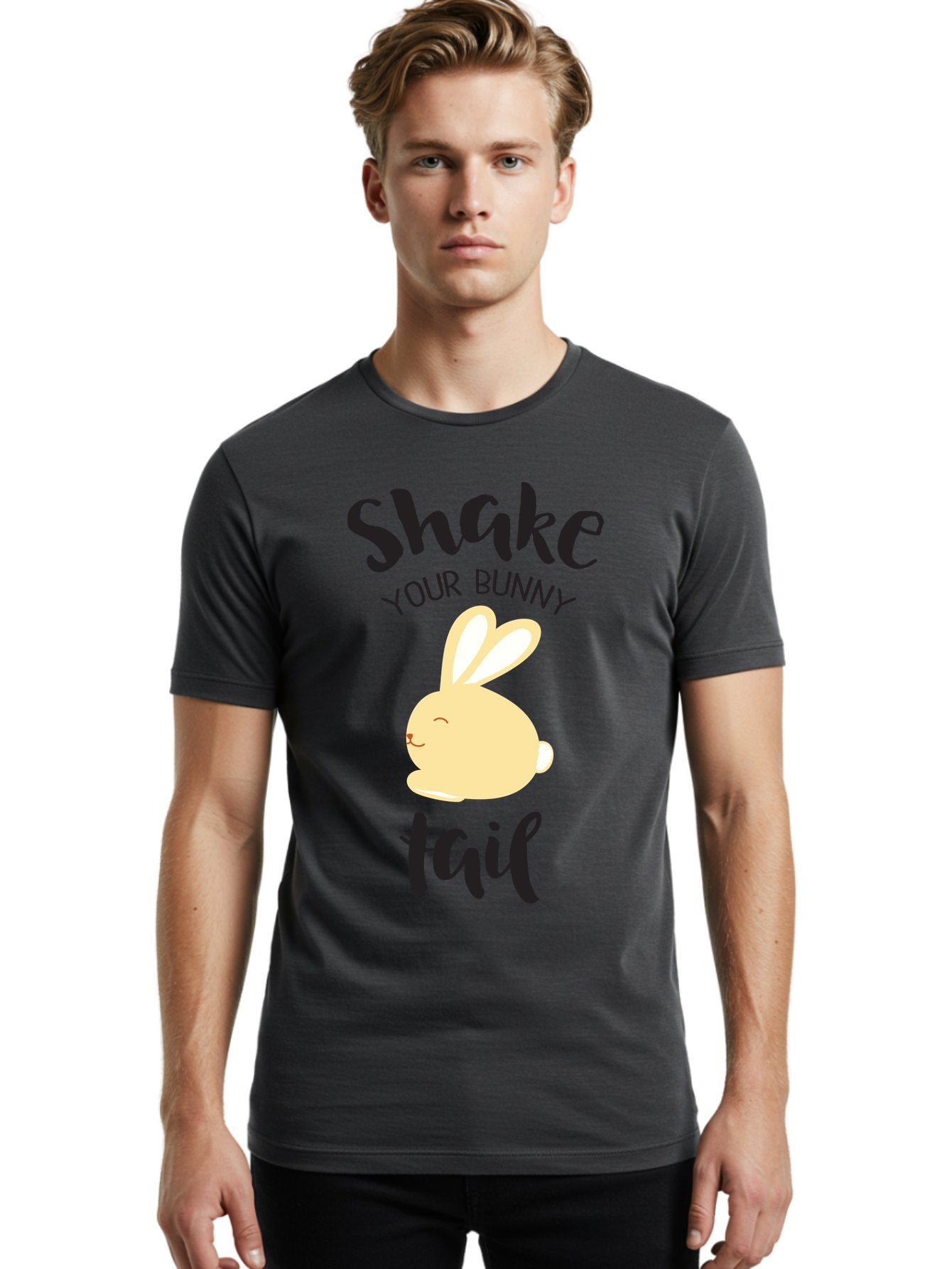 Shake-Your-Bunny-Tail Men'S Graphic Tee, 100% Cotton, Comfortable Casual Summer Wear, Machine Washable, Funny Bunny Graphic, Cute Cartoon Rabbit, Easter-Themed Design, Humorous Phrase, Shake Your Bunny Tail, Yellow Bunny Illustration, Aad151 27