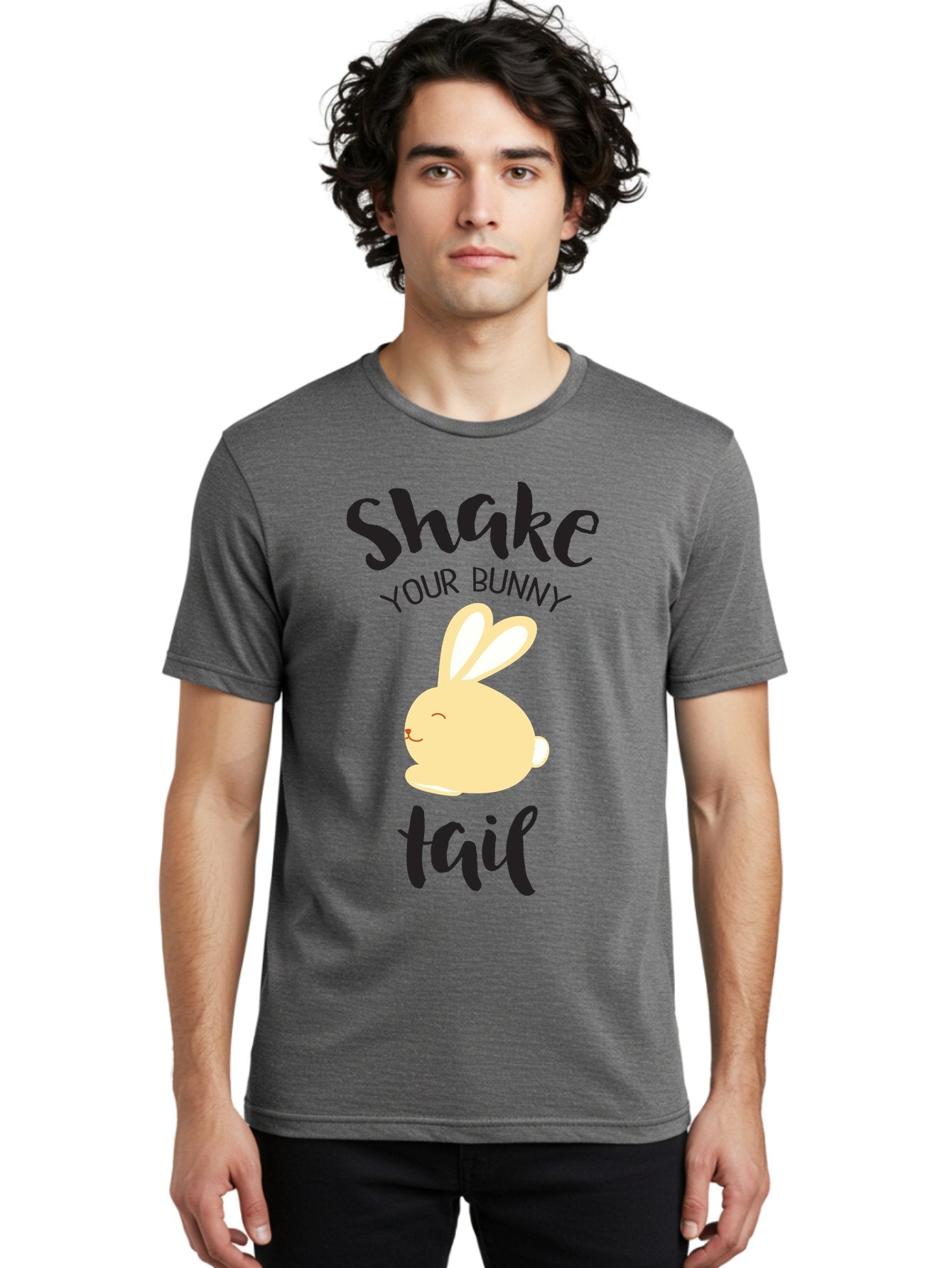 Shake-Your-Bunny-Tail Men'S Graphic Tee, 100% Cotton, Comfortable Casual Summer Wear, Machine Washable, Funny Bunny Graphic, Cute Cartoon Rabbit, Easter-Themed Design, Humorous Phrase, Shake Your Bunny Tail, Yellow Bunny Illustration, Aad151 30