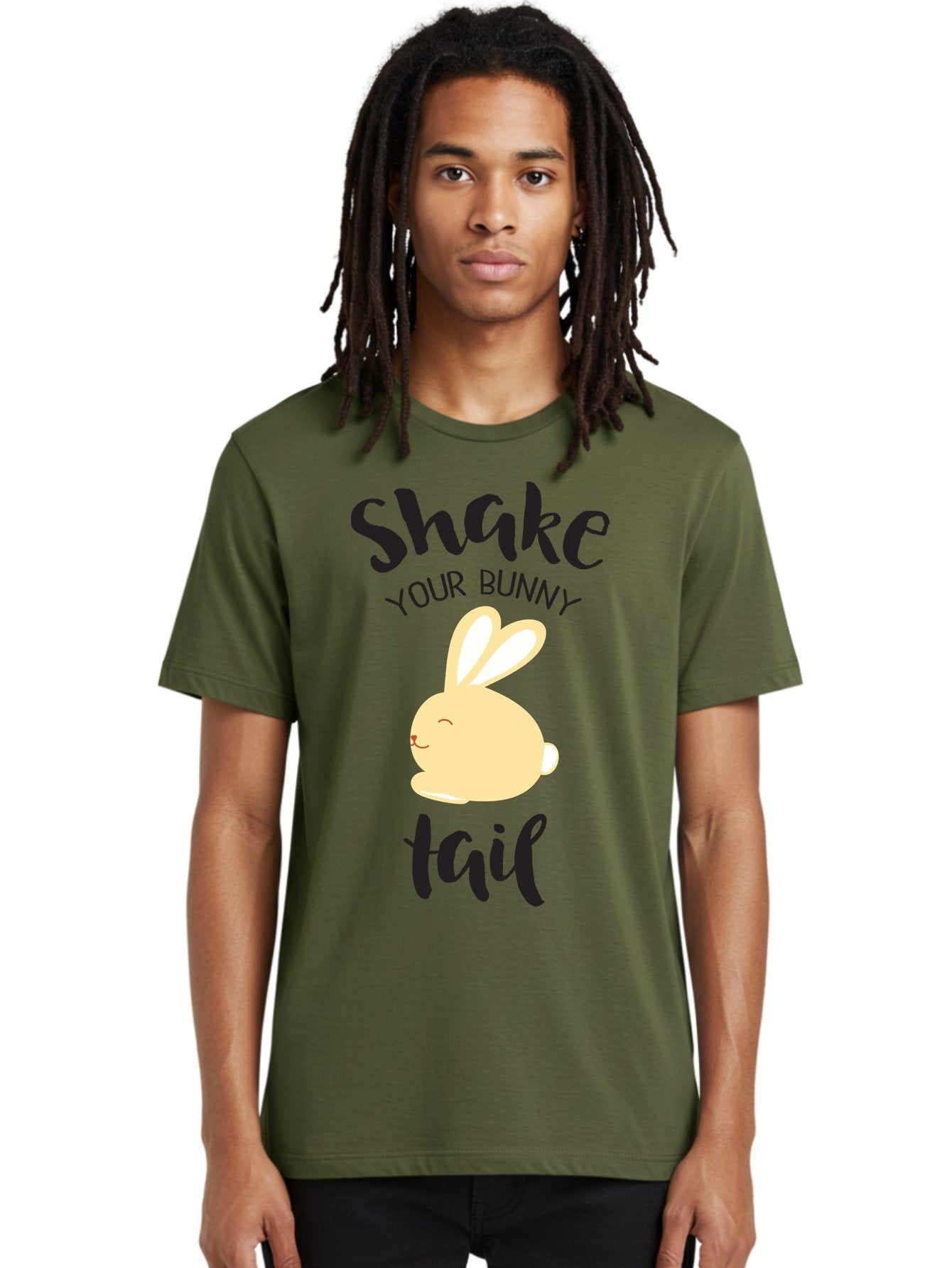 Shake-Your-Bunny-Tail Men'S Graphic Tee, 100% Cotton, Comfortable Casual Summer Wear, Machine Washable, Funny Bunny Graphic, Cute Cartoon Rabbit, Easter-Themed Design, Humorous Phrase, Shake Your Bunny Tail, Yellow Bunny Illustration, Aad151 25