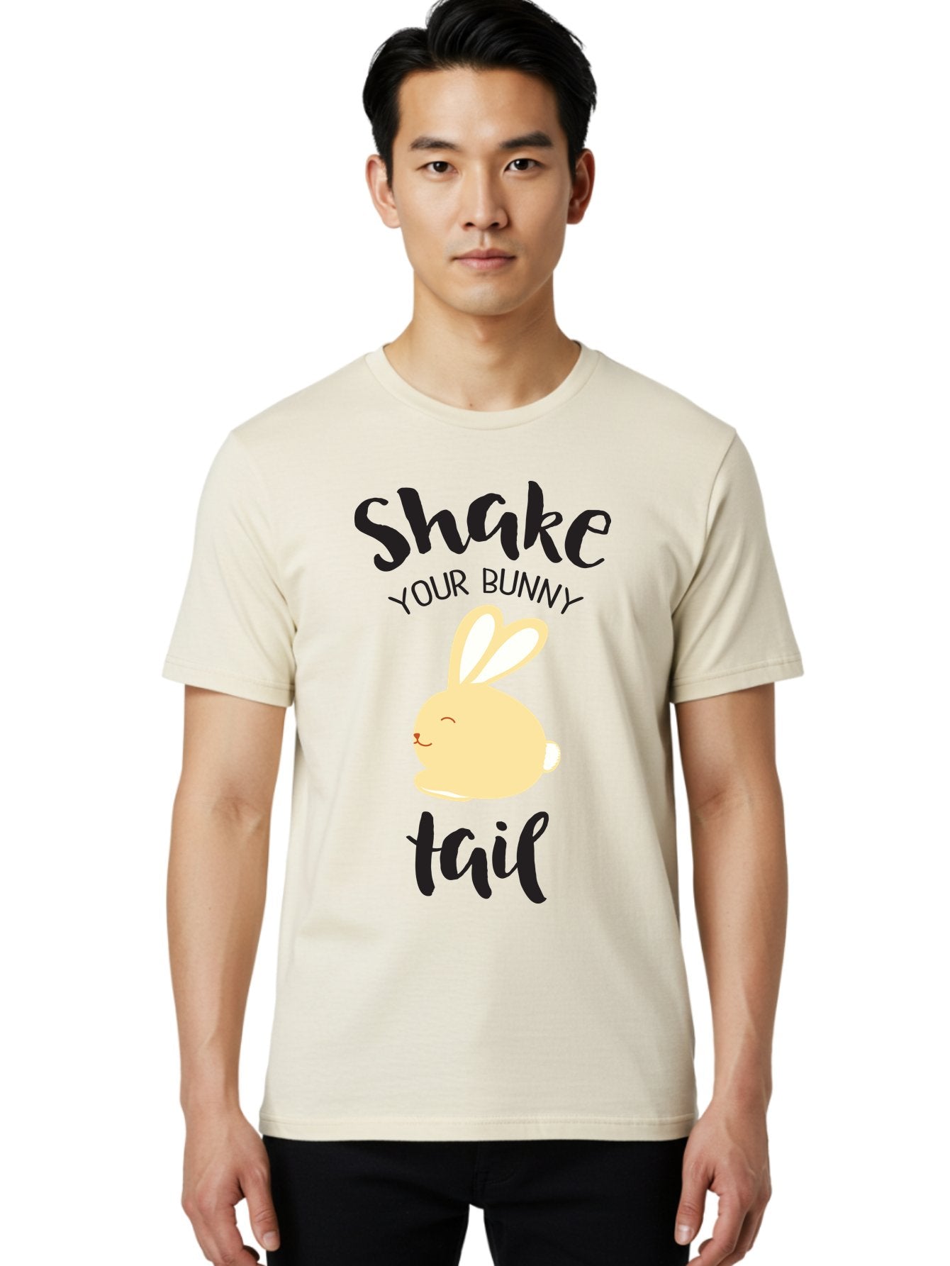 Shake-Your-Bunny-Tail Men'S Graphic Tee, 100% Cotton, Comfortable Casual Summer Wear, Machine Washable, Funny Bunny Graphic, Cute Cartoon Rabbit, Easter-Themed Design, Humorous Phrase, Shake Your Bunny Tail, Yellow Bunny Illustration, Aad151 18