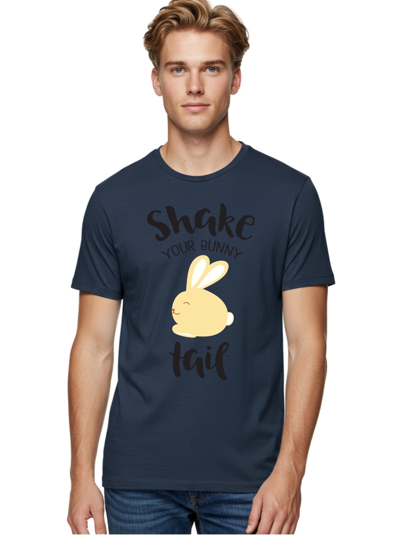 Shake-Your-Bunny-Tail Men'S Graphic Tee, 100% Cotton, Comfortable Casual Summer Wear, Machine Washable, Funny Bunny Graphic, Cute Cartoon Rabbit, Easter-Themed Design, Humorous Phrase, Shake Your Bunny Tail, Yellow Bunny Illustration, Aad151 29