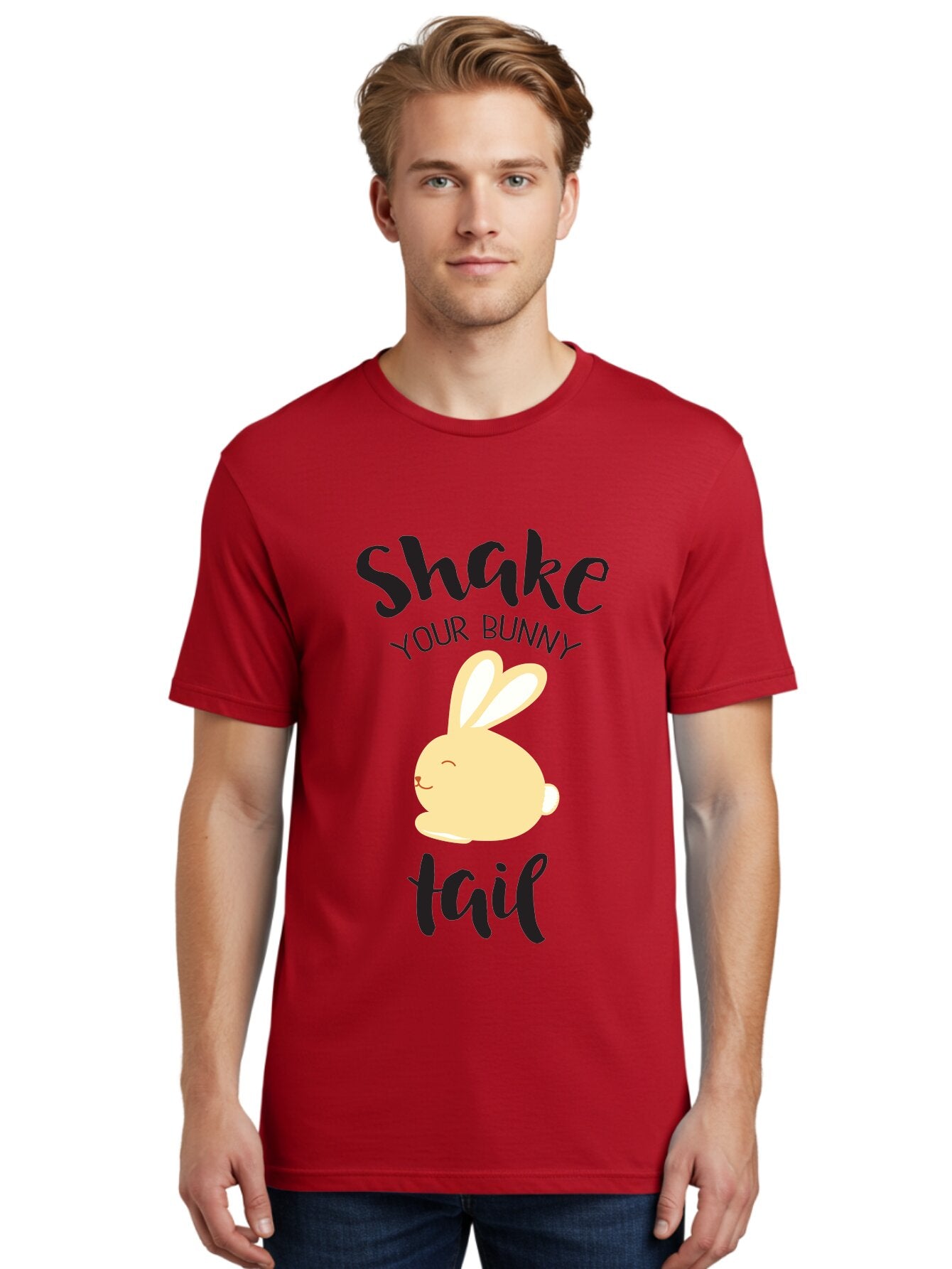Shake-Your-Bunny-Tail Men'S Graphic Tee, 100% Cotton, Comfortable Casual Summer Wear, Machine Washable, Funny Bunny Graphic, Cute Cartoon Rabbit, Easter-Themed Design, Humorous Phrase, Shake Your Bunny Tail, Yellow Bunny Illustration, Aad151 28