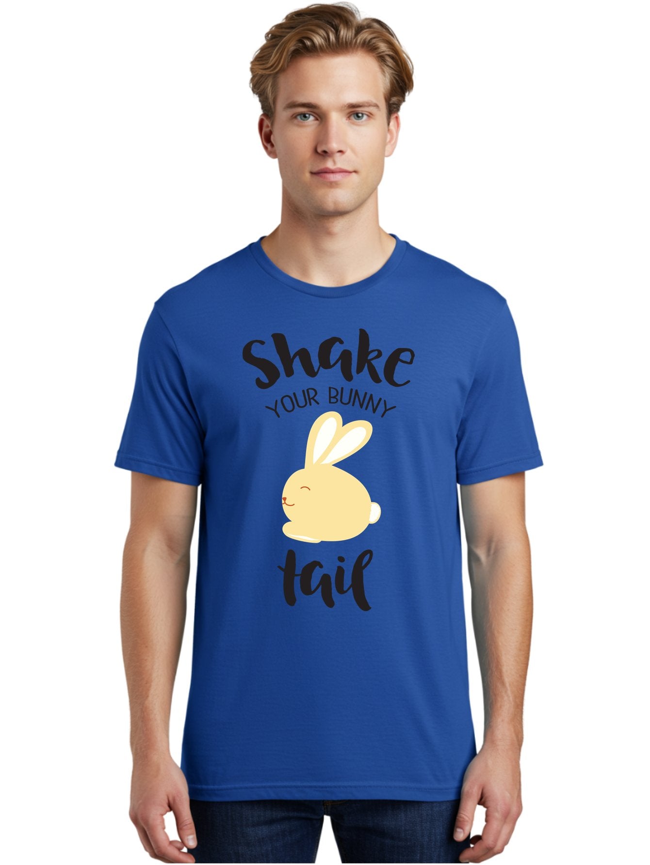 Shake-Your-Bunny-Tail Men'S Graphic Tee, 100% Cotton, Comfortable Casual Summer Wear, Machine Washable, Funny Bunny Graphic, Cute Cartoon Rabbit, Easter-Themed Design, Humorous Phrase, Shake Your Bunny Tail, Yellow Bunny Illustration, Aad151 19