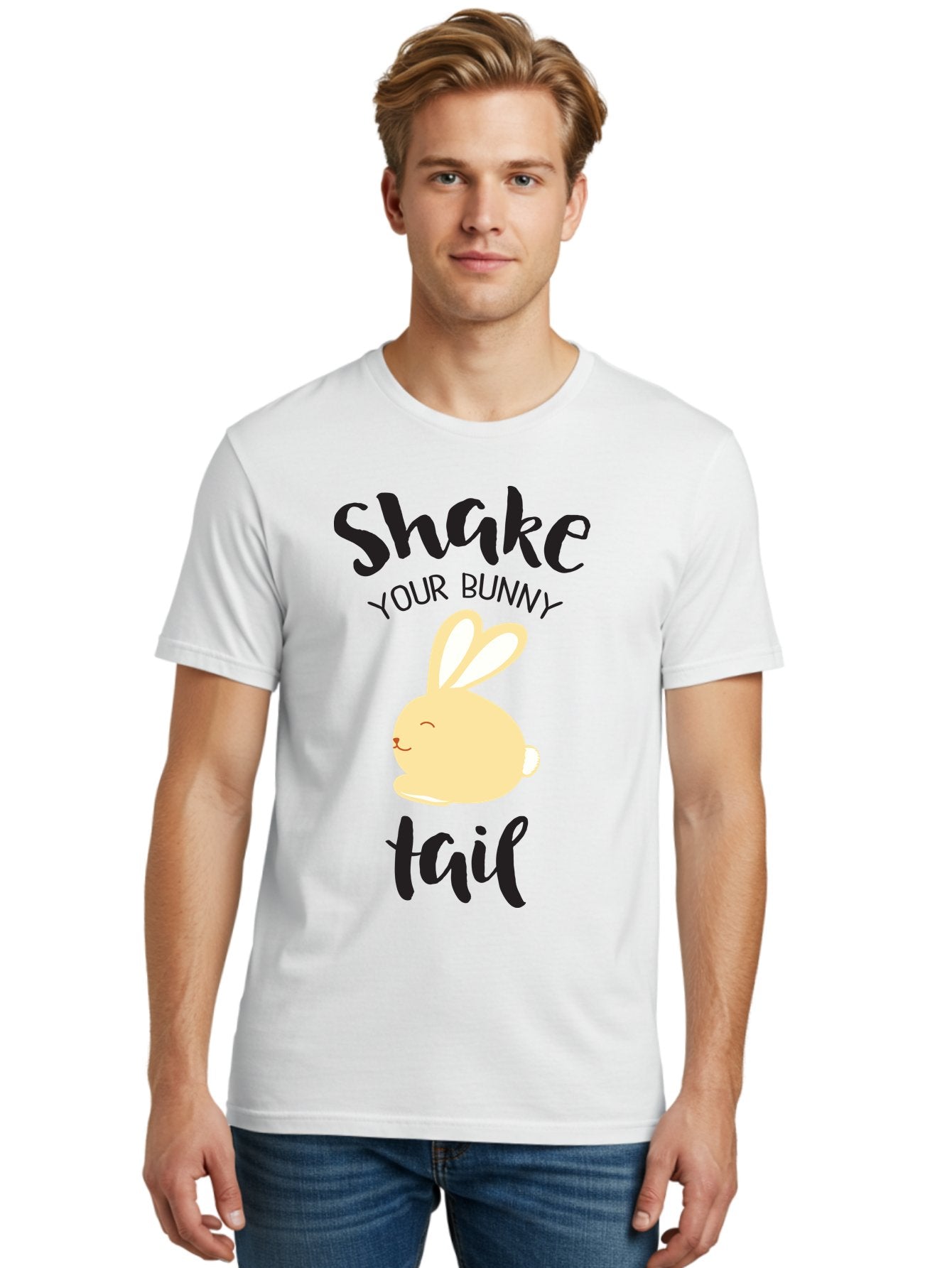 Shake-Your-Bunny-Tail Men'S Graphic Tee, 100% Cotton, Comfortable Casual Summer Wear, Machine Washable, Funny Bunny Graphic, Cute Cartoon Rabbit, Easter-Themed Design, Humorous Phrase, Shake Your Bunny Tail, Yellow Bunny Illustration, Aad151 23