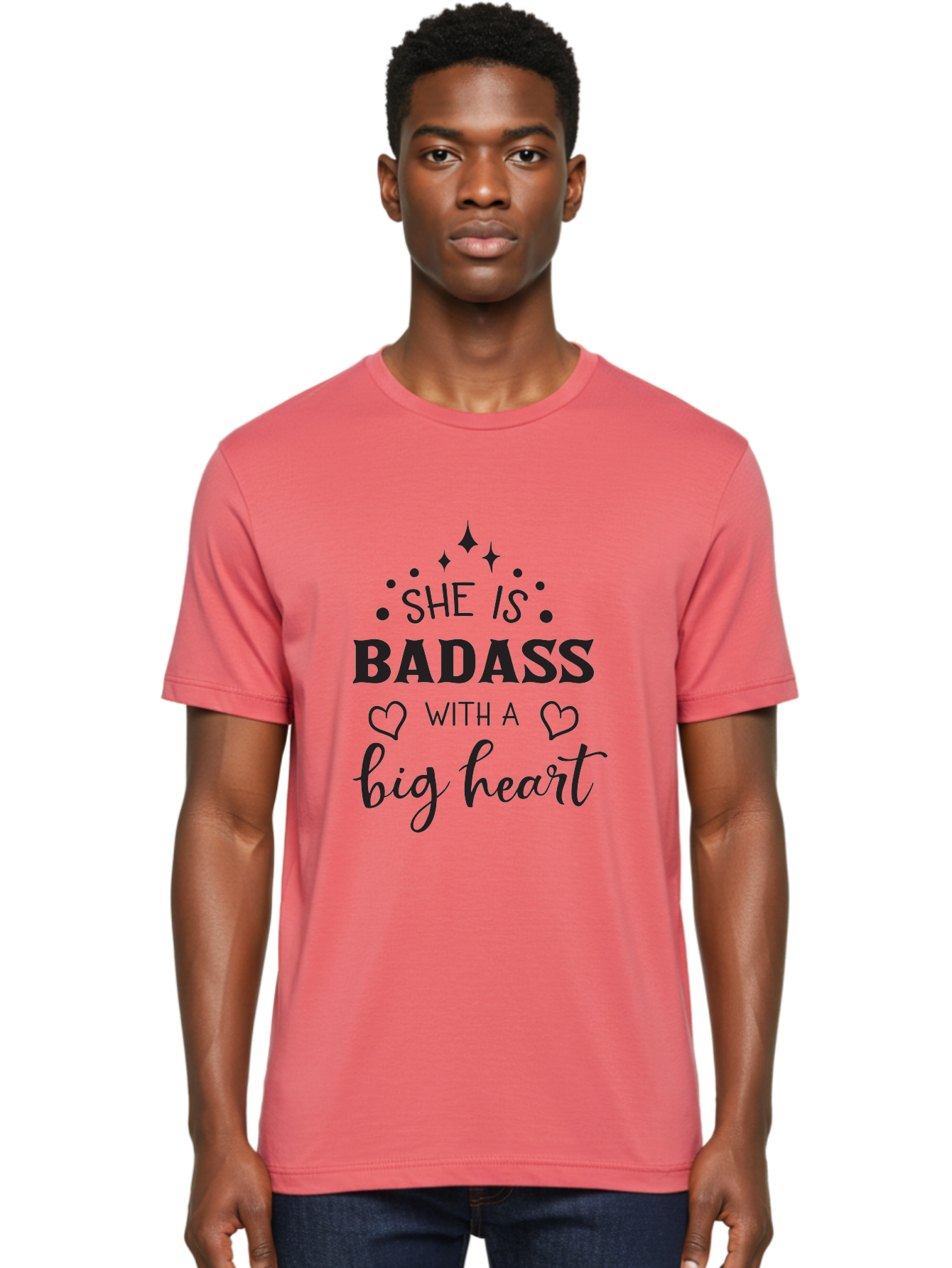She-Is-Badass-With-A-Big-Heart Men'S Graphic Tee, 100% Cotton, Comfortable Casual Summer Wear, Machine Washable, Motivational Quotes, Inspirational Sayings, Empowerment Phrases, Feminine Strength, Positive Affirmations, Bold Typography, Aad155 28