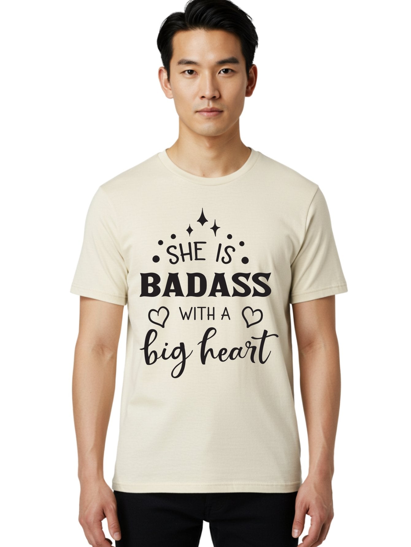 She-Is-Badass-With-A-Big-Heart Men'S Graphic Tee, 100% Cotton, Comfortable Casual Summer Wear, Machine Washable, Motivational Quotes, Inspirational Sayings, Empowerment Phrases, Feminine Strength, Positive Affirmations, Bold Typography, Aad155 23