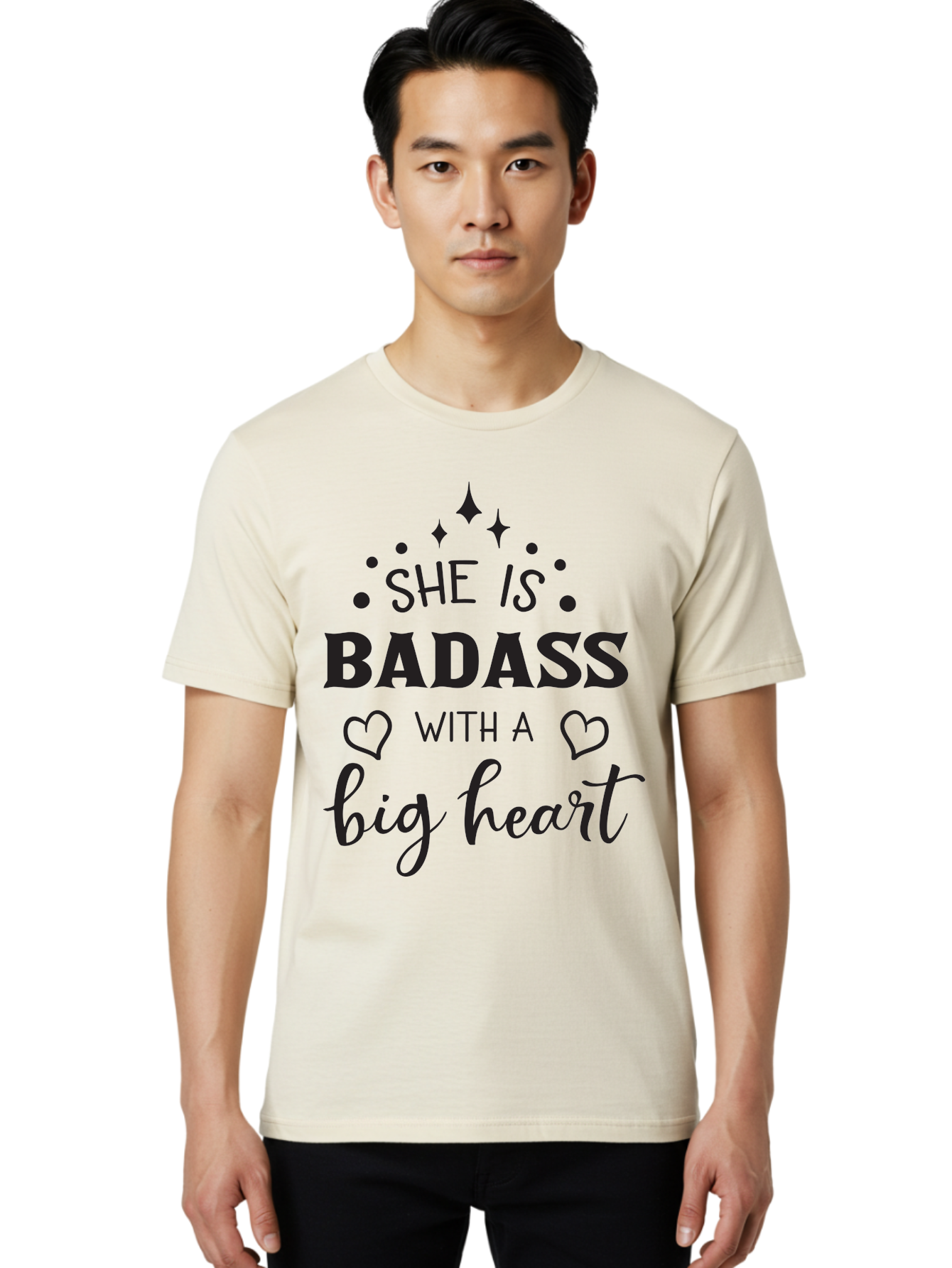She-Is-Badass-With-A-Big-Heart Men'S Graphic Tee, 100% Cotton, Comfortable Casual Summer Wear, Machine Washable, Motivational Quotes, Inspirational Sayings, Empowerment Phrases, Feminine Strength, Positive Affirmations, Bold Typography, Aad155 16