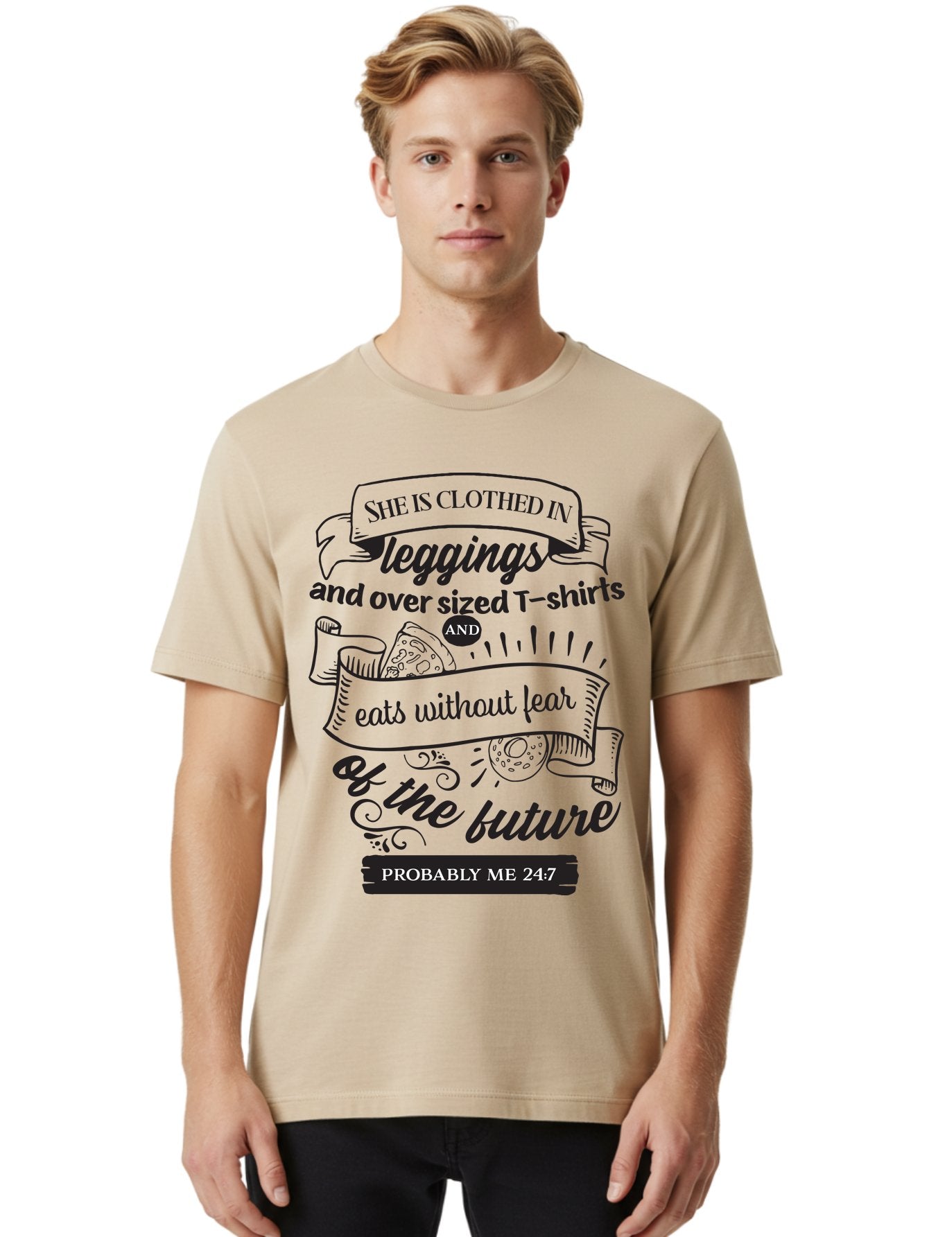 She-Is-Clothed-In-Leggings Men'S Graphic Tee, 100% Cotton, Comfortable Casual Summer Wear, Machine Washable, Funny Quote, Relatable Humor, Casual Fashion, Relaxed Lifestyle, Leggings And Oversized T-Shirts, Eating Without Fear, Aad156 16