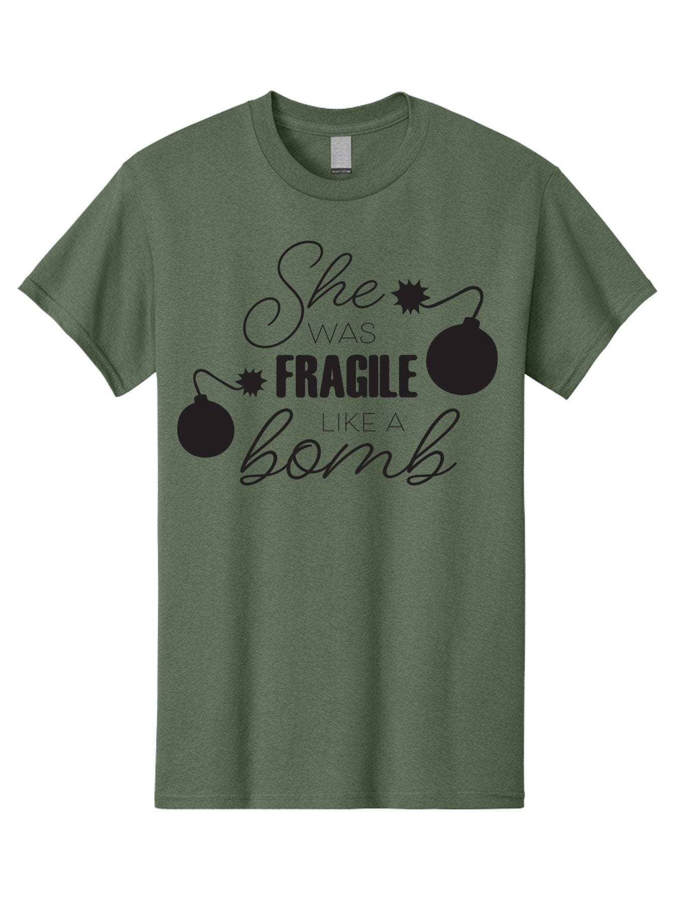 She-Was-Fragile-Like-A-Bomb Men'S Graphic Tee, 100% Cotton, Comfortable Casual Summer Wear, Machine Washable, Inspirational Quote, Motivational Phrase, Strong Women, Empowerment Message, Bomb Illustration, Powerful Graphics, Female Strength, Aad157