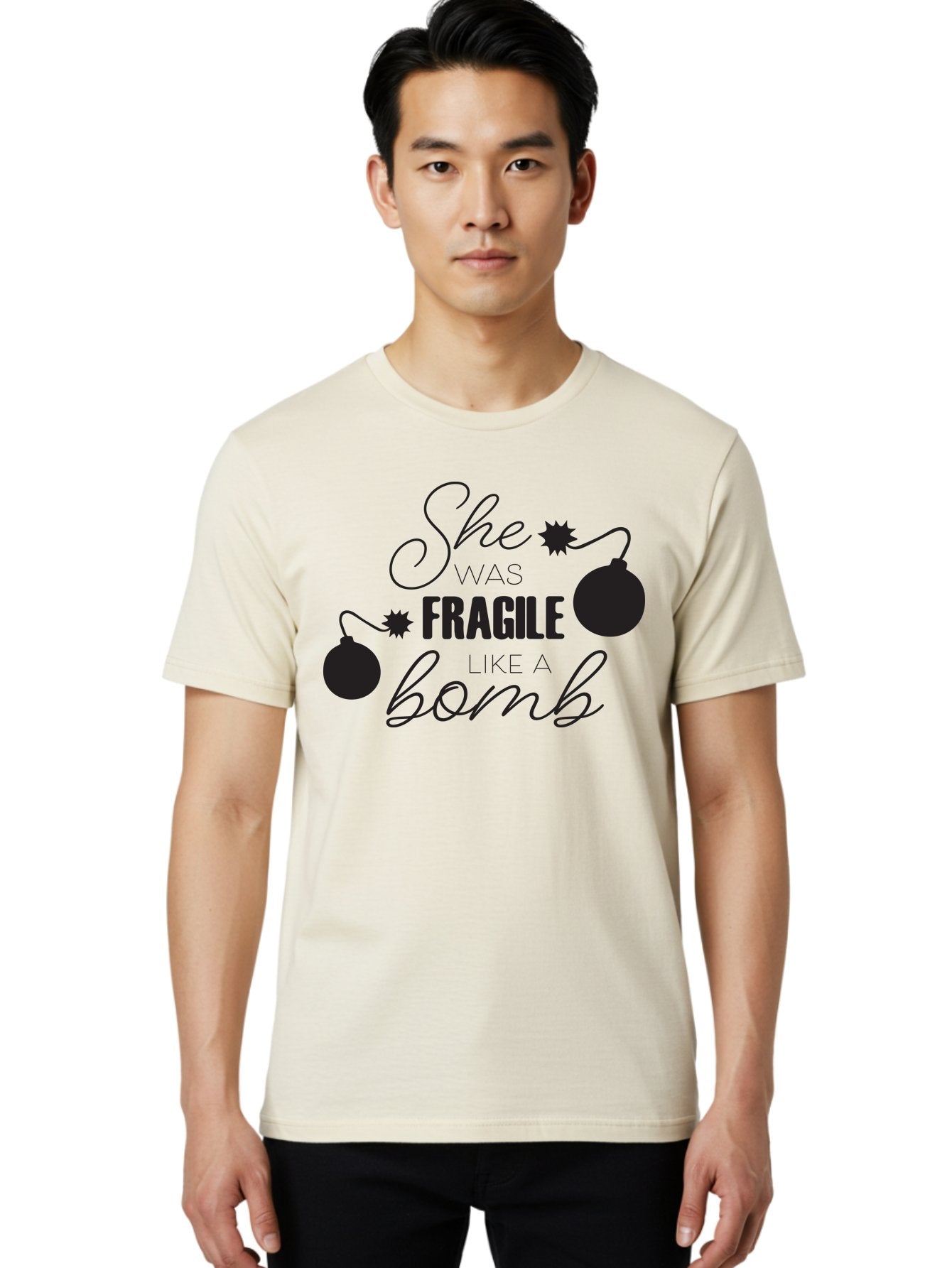 She-Was-Fragile-Like-A-Bomb Men'S Graphic Tee, 100% Cotton, Comfortable Casual Summer Wear, Machine Washable, Inspirational Quote, Motivational Phrase, Strong Women, Empowerment Message, Bomb Illustration, Powerful Graphics, Female Strength, Aad157 18