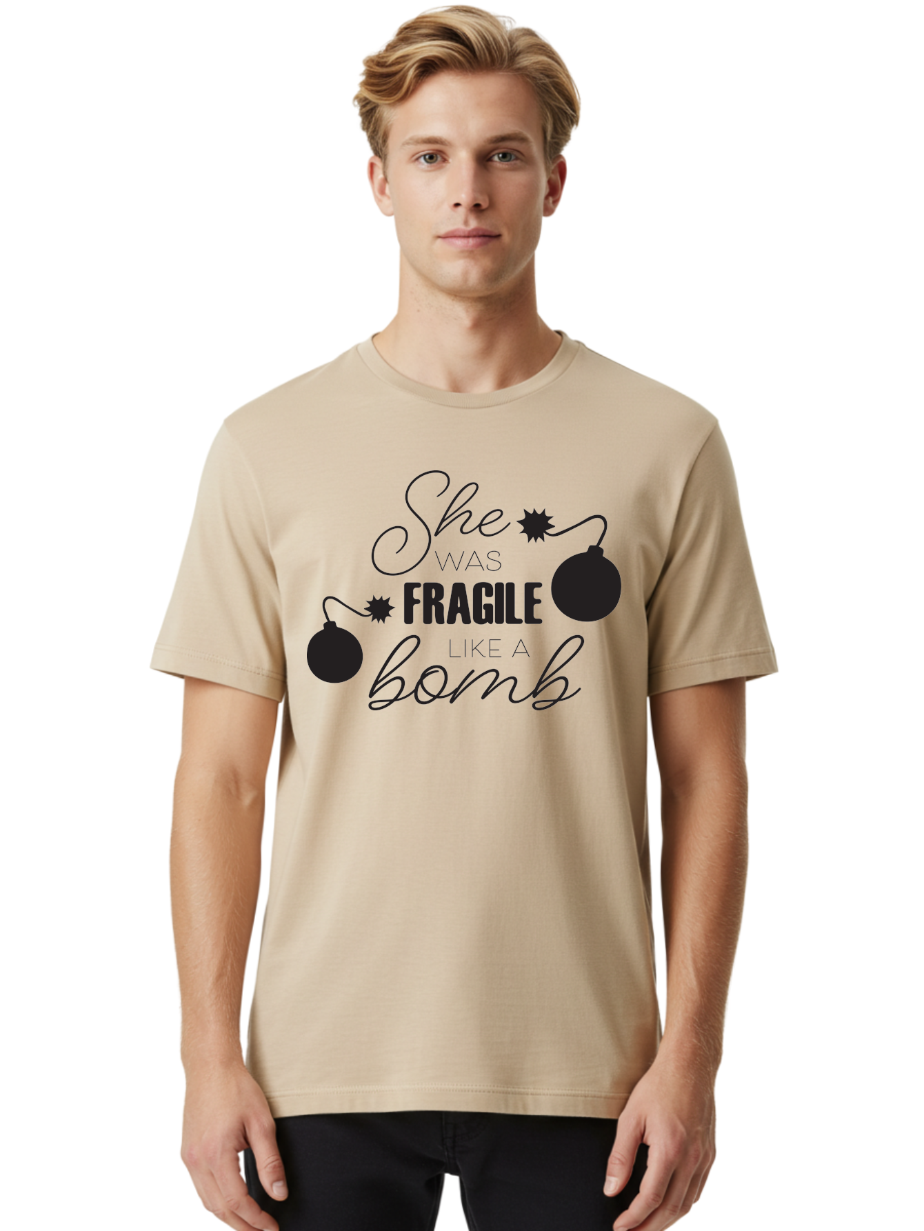 She-Was-Fragile-Like-A-Bomb Men'S Graphic Tee, 100% Cotton, Comfortable Casual Summer Wear, Machine Washable, Inspirational Quote, Motivational Phrase, Strong Women, Empowerment Message, Bomb Illustration, Powerful Graphics, Female Strength, Aad157 22
