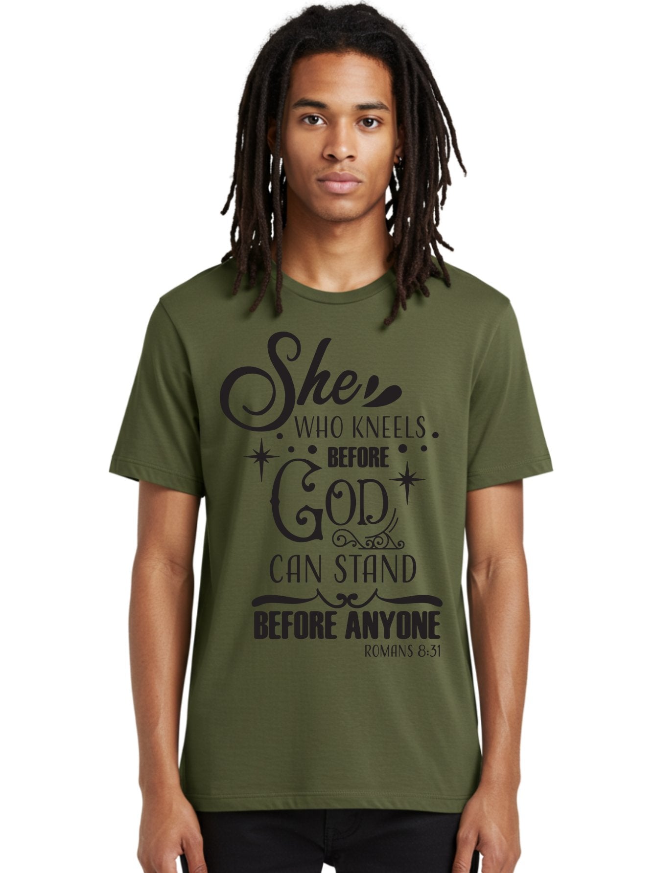 She-Who-Kneels-Before-God Men'S Graphic Tee, 100% Cotton, Comfortable Casual Summer Wear, Machine Washable, Inspirational Quote, Biblical Verse, Romans 8:31, She Who Kneels Before God Can Stand Before Anyone, Motivational Phrase, Aad158 21
