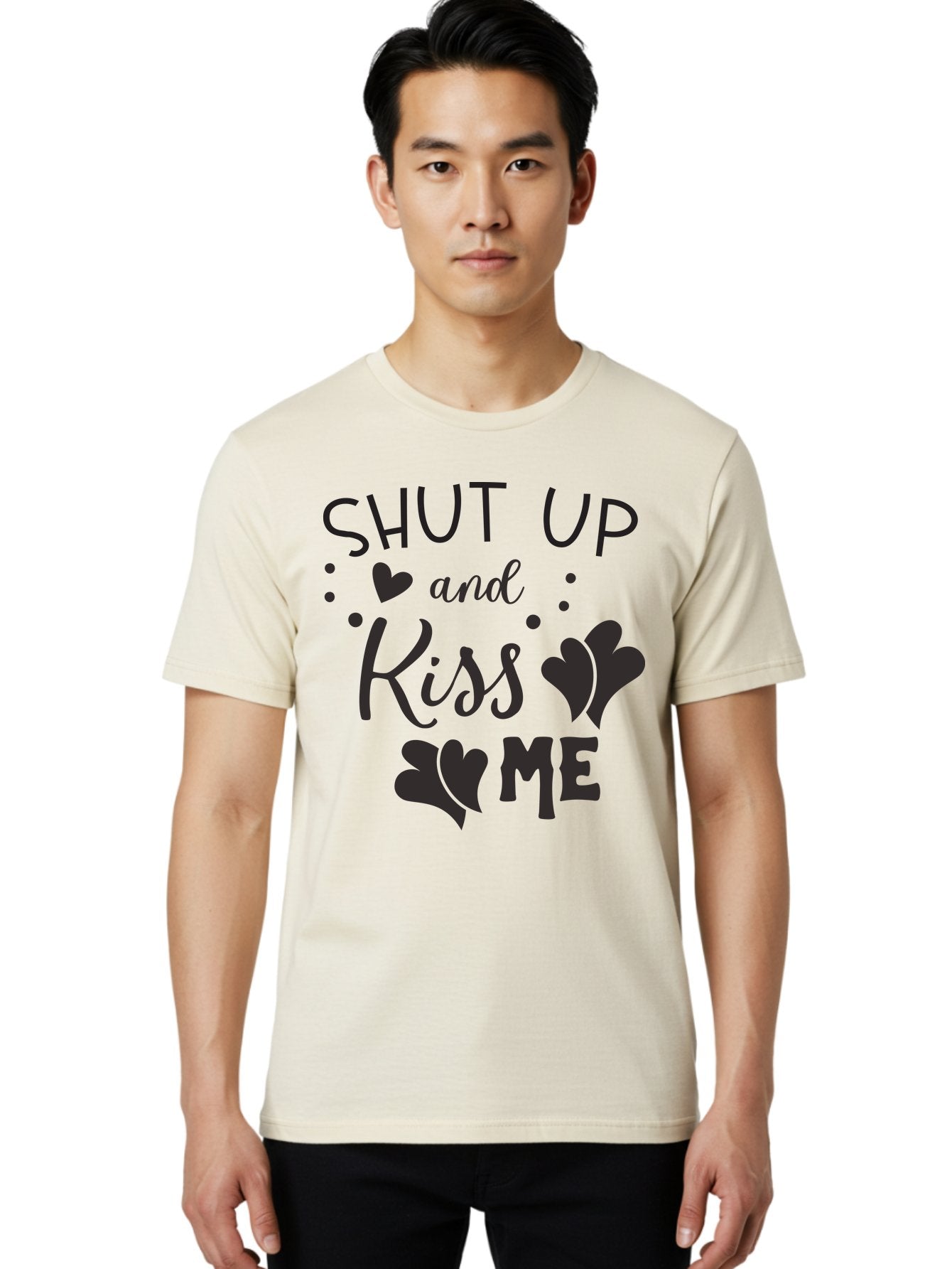 Shut-Up-And-Kiss-Me Men'S Graphic Tee, 100% Cotton, Comfortable Casual Summer Wear, Machine Washable, Love Quotes, Romantic Phrases, Kiss Me, Shut Up, Heart Shapes, Valentines Day, Love Messages, Couple Goals, Sweet Nothings Aad160 27