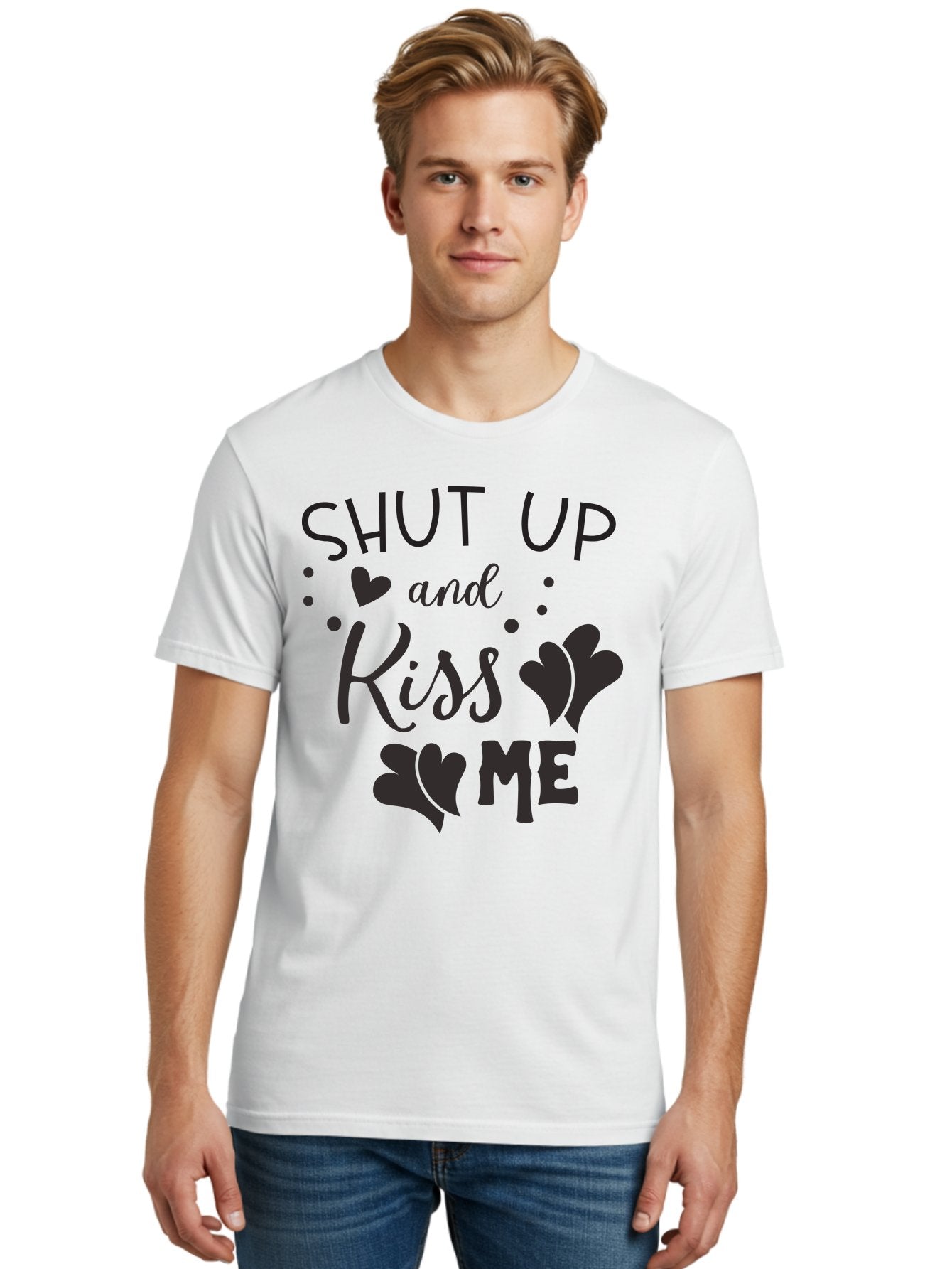 Shut-Up-And-Kiss-Me Men'S Graphic Tee, 100% Cotton, Comfortable Casual Summer Wear, Machine Washable, Love Quotes, Romantic Phrases, Kiss Me, Shut Up, Heart Shapes, Valentines Day, Love Messages, Couple Goals, Sweet Nothings Aad160 24
