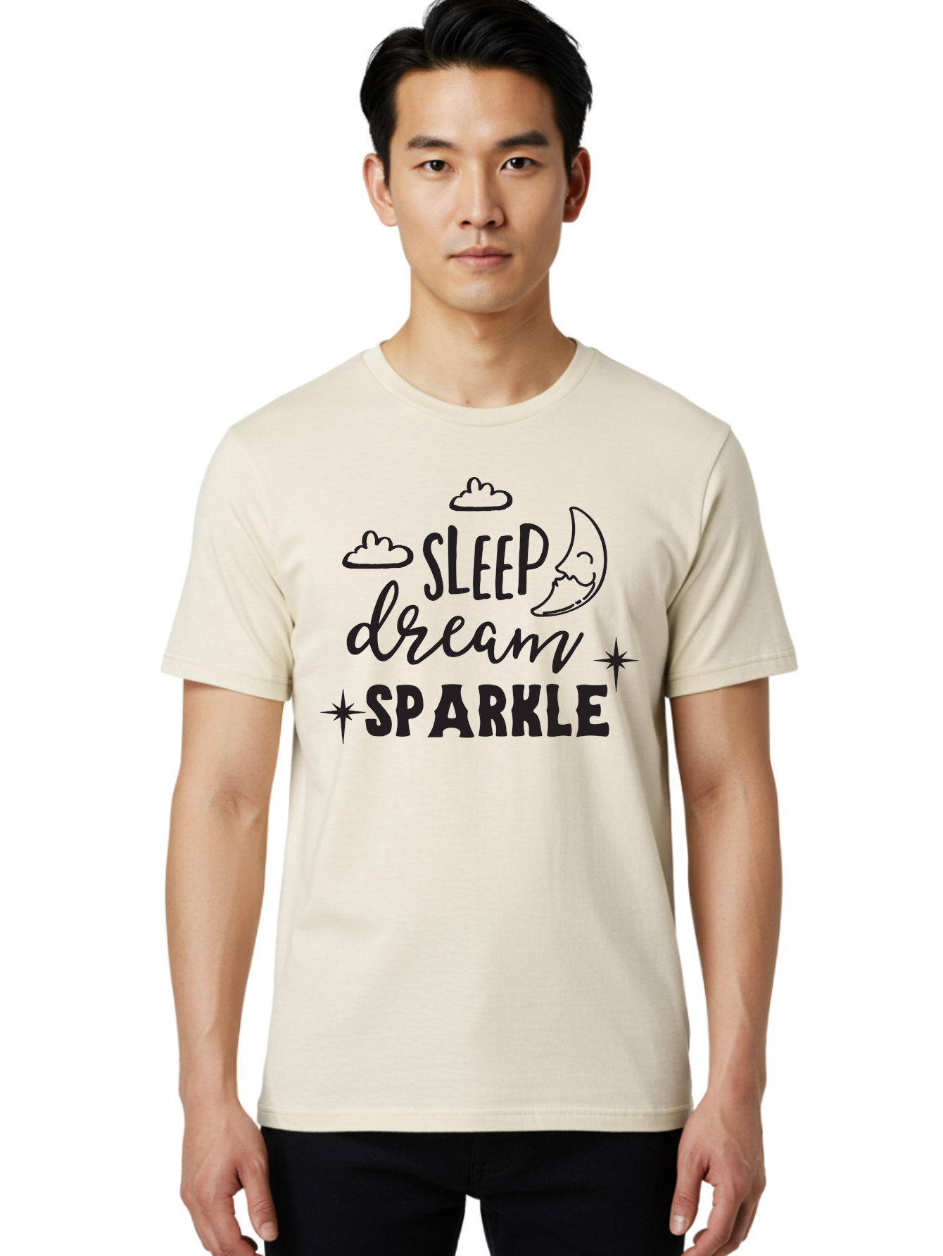 Sleep-Dream-Sparkle Men'S Graphic Tee, 100% Cotton, Comfortable Casual Summer Wear, Machine Washable, Inspirational Quote, Motivational Phrase, Sleep, Dream, Sparkle, Stars, Moon, Clouds, Whimsical Design, Positive Vibes, Good Night Message Aad163 12