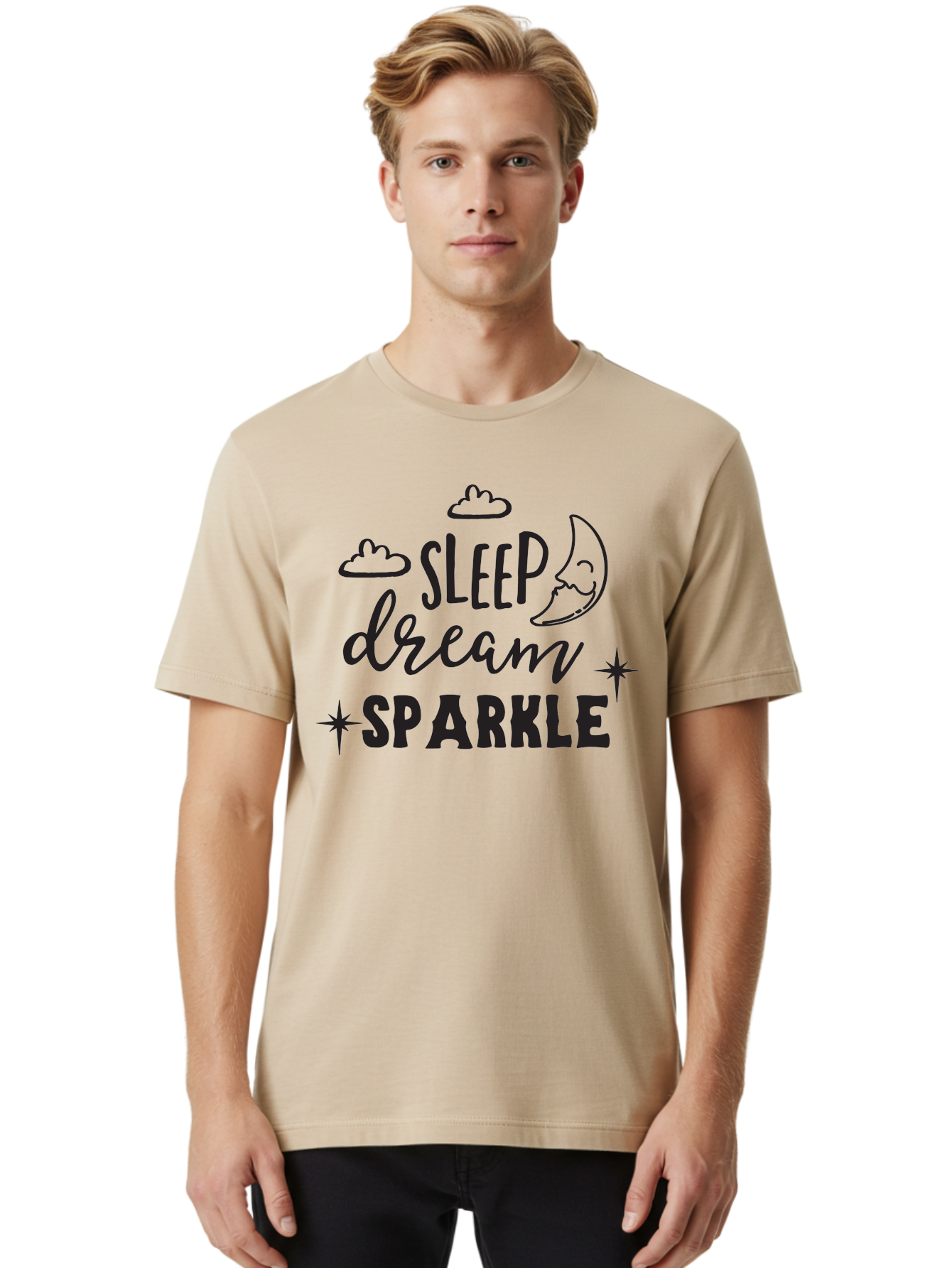 Sleep-Dream-Sparkle Men'S Graphic Tee, 100% Cotton, Comfortable Casual Summer Wear, Machine Washable, Inspirational Quote, Motivational Phrase, Sleep, Dream, Sparkle, Stars, Moon, Clouds, Whimsical Design, Positive Vibes, Good Night Message Aad163 16
