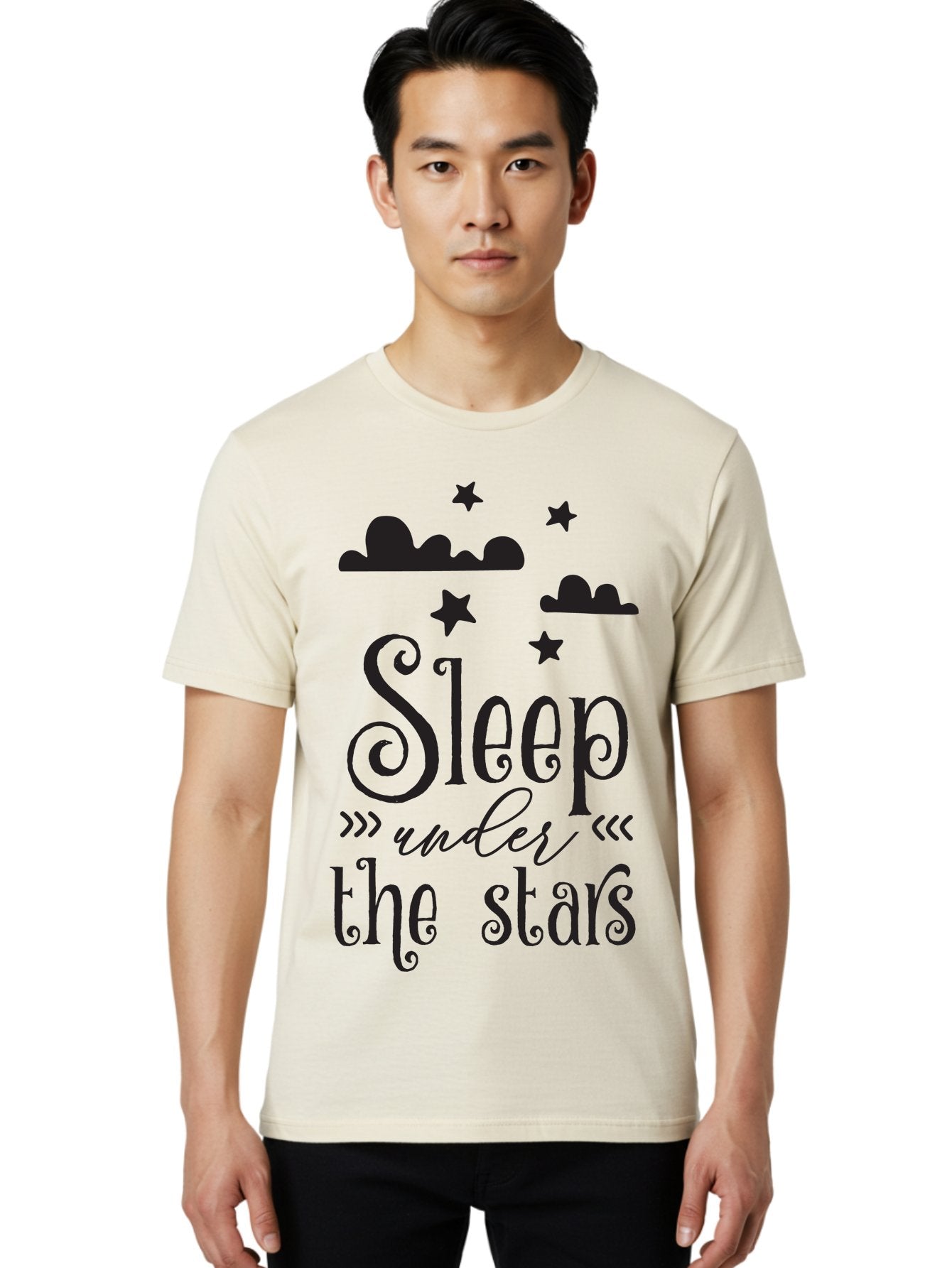 Sleep-Under-The-Stars Men'S Graphic Tee, 100% Cotton, Comfortable Casual Summer Wear, Machine Washable, Sleep Under The Stars, Night Sky, Starry Night, Relaxation, Calming Quote, Inspirational Quote, Celestial Theme, Dreamy Atmosphere Aad164 25