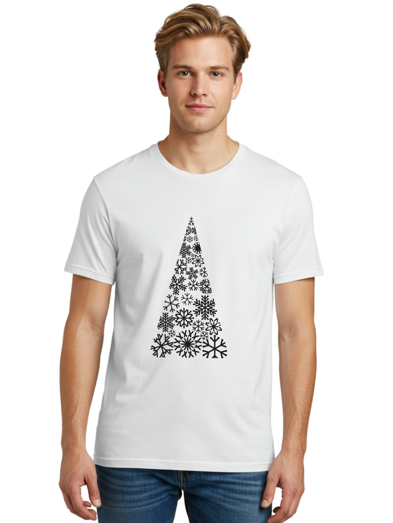 Snowflakes-Christmas-Tree Men'S Graphic Tee, 100% Cotton, Comfortable Casual Summer Wear, Machine Washable, Snowflake Christmas Tree, Festive Design, Winter Wonderland, Holiday Graphics, Seasonal Decor, Christmas Tree Silhouette, Snowflakes, Aad175 21