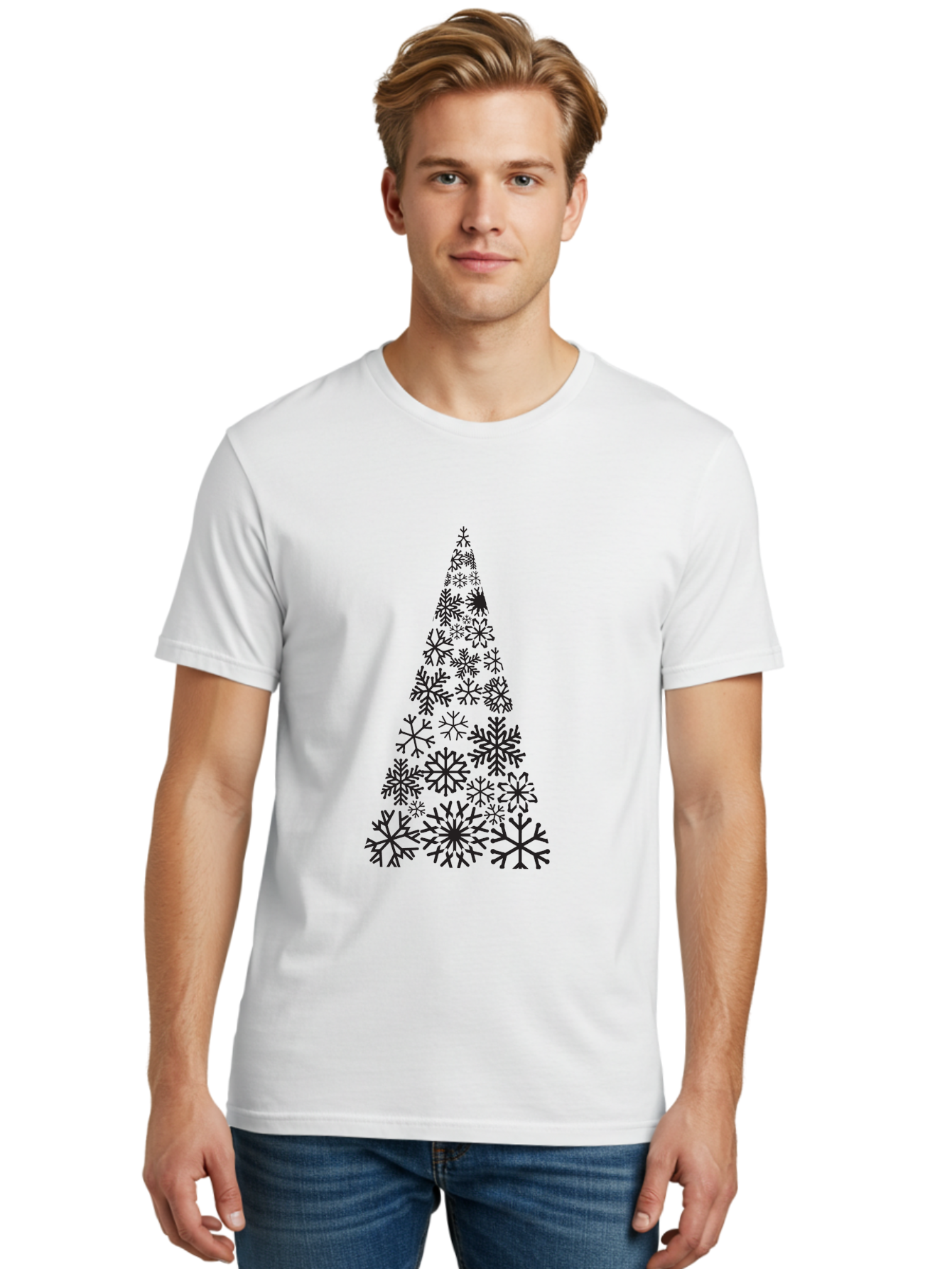 Snowflakes-Christmas-Tree Men'S Graphic Tee, 100% Cotton, Comfortable Casual Summer Wear, Machine Washable, Snowflake Christmas Tree, Festive Design, Winter Wonderland, Holiday Graphics, Seasonal Decor, Christmas Tree Silhouette, Snowflakes, Aad175 20