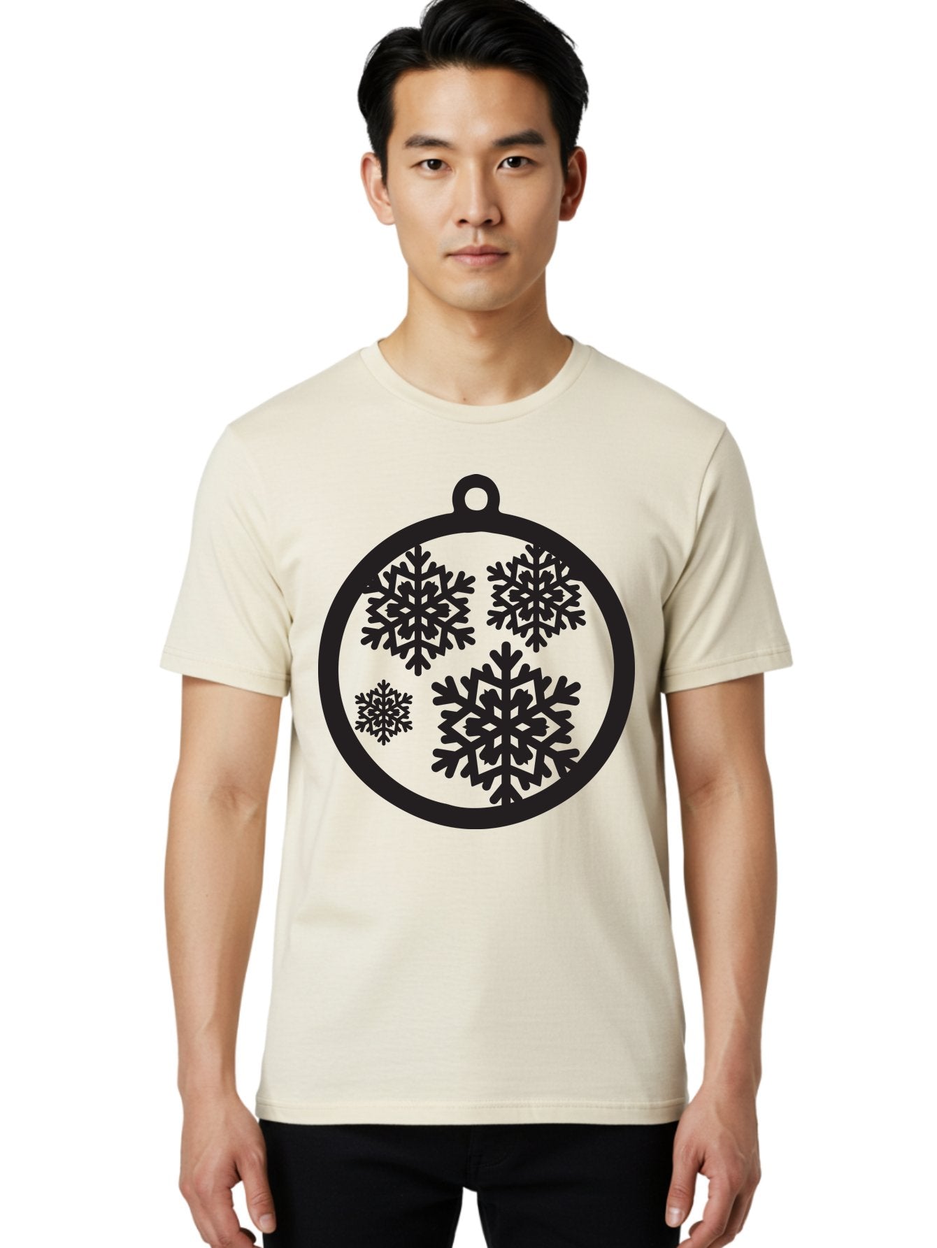 Snowflakes-Ornament Men'S Graphic Tee, 100% Cotton, Comfortable Casual Summer Wear, Machine Washable, Black Christmas Bauble, Snowflakes, Festive Decoration, Holiday Ornament, Winter Wonderland, Seasonal Decor, Black Silhouette, Aad178 20