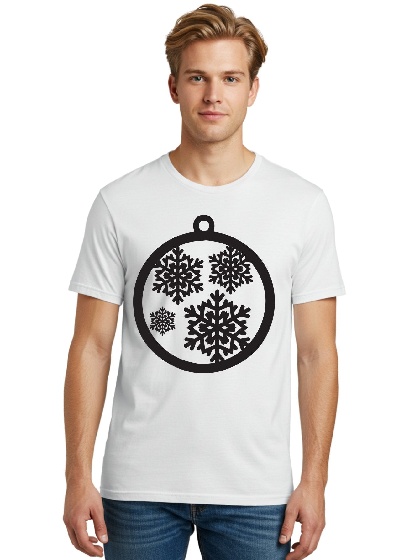 Snowflakes-Ornament Men'S Graphic Tee, 100% Cotton, Comfortable Casual Summer Wear, Machine Washable, Black Christmas Bauble, Snowflakes, Festive Decoration, Holiday Ornament, Winter Wonderland, Seasonal Decor, Black Silhouette, Aad178 24