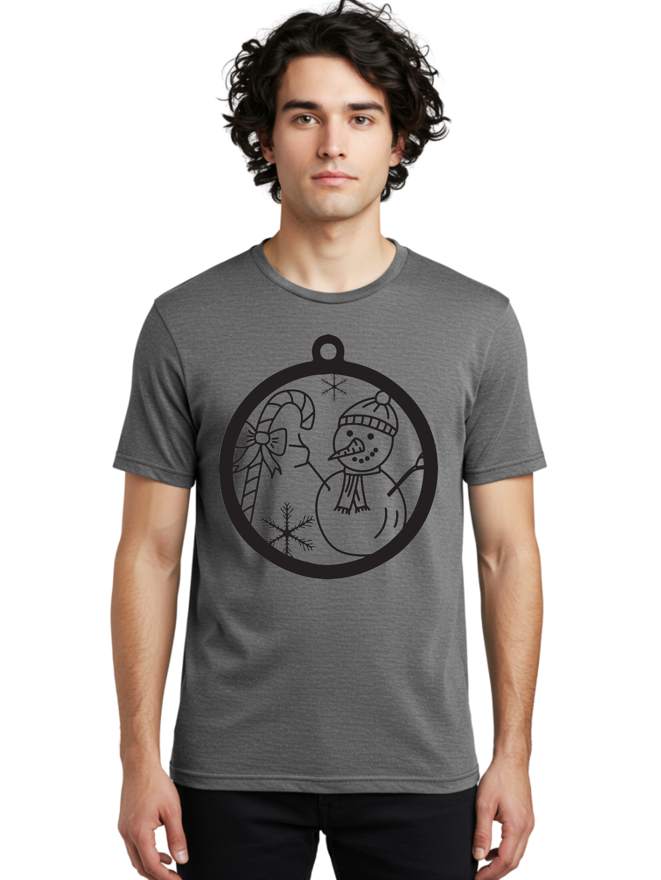 Snowman-Ornament Men'S Graphic Tee, 100% Cotton, Comfortable Casual Summer Wear, Machine Washable, Snowman Holding Candy Cane, Snowman Ornament, Christmas Decoration, Winter Wonderland, Festive Design, Holiday Cheer, Snowflakes Aad180