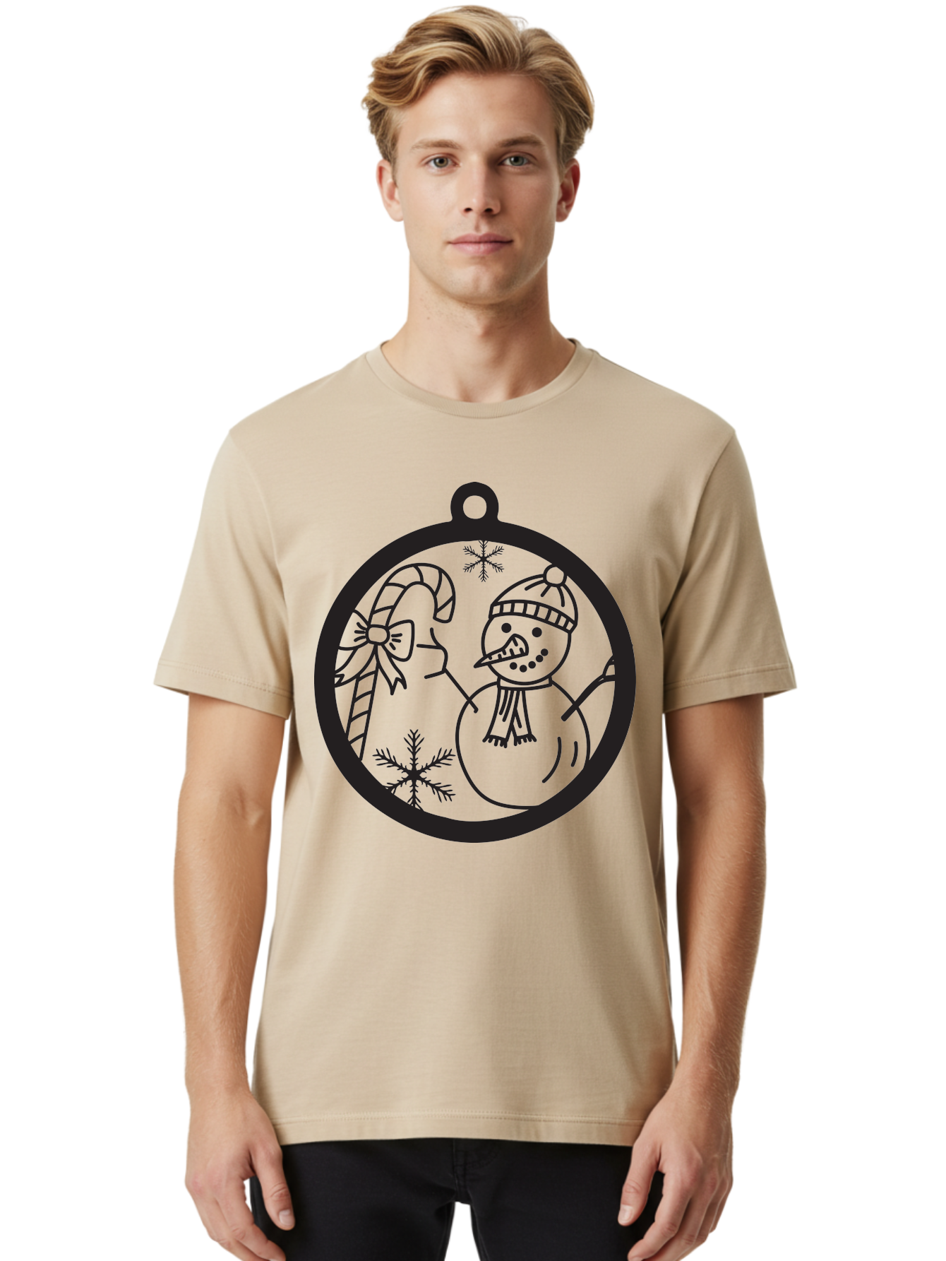 Snowman-Ornament Men'S Graphic Tee, 100% Cotton, Comfortable Casual Summer Wear, Machine Washable, Snowman Holding Candy Cane, Snowman Ornament, Christmas Decoration, Winter Wonderland, Festive Design, Holiday Cheer, Snowflakes Aad180 20