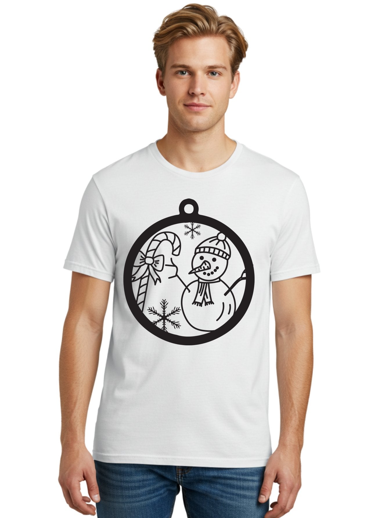 Snowman-Ornament Men'S Graphic Tee, 100% Cotton, Comfortable Casual Summer Wear, Machine Washable, Snowman Holding Candy Cane, Snowman Ornament, Christmas Decoration, Winter Wonderland, Festive Design, Holiday Cheer, Snowflakes Aad180 28