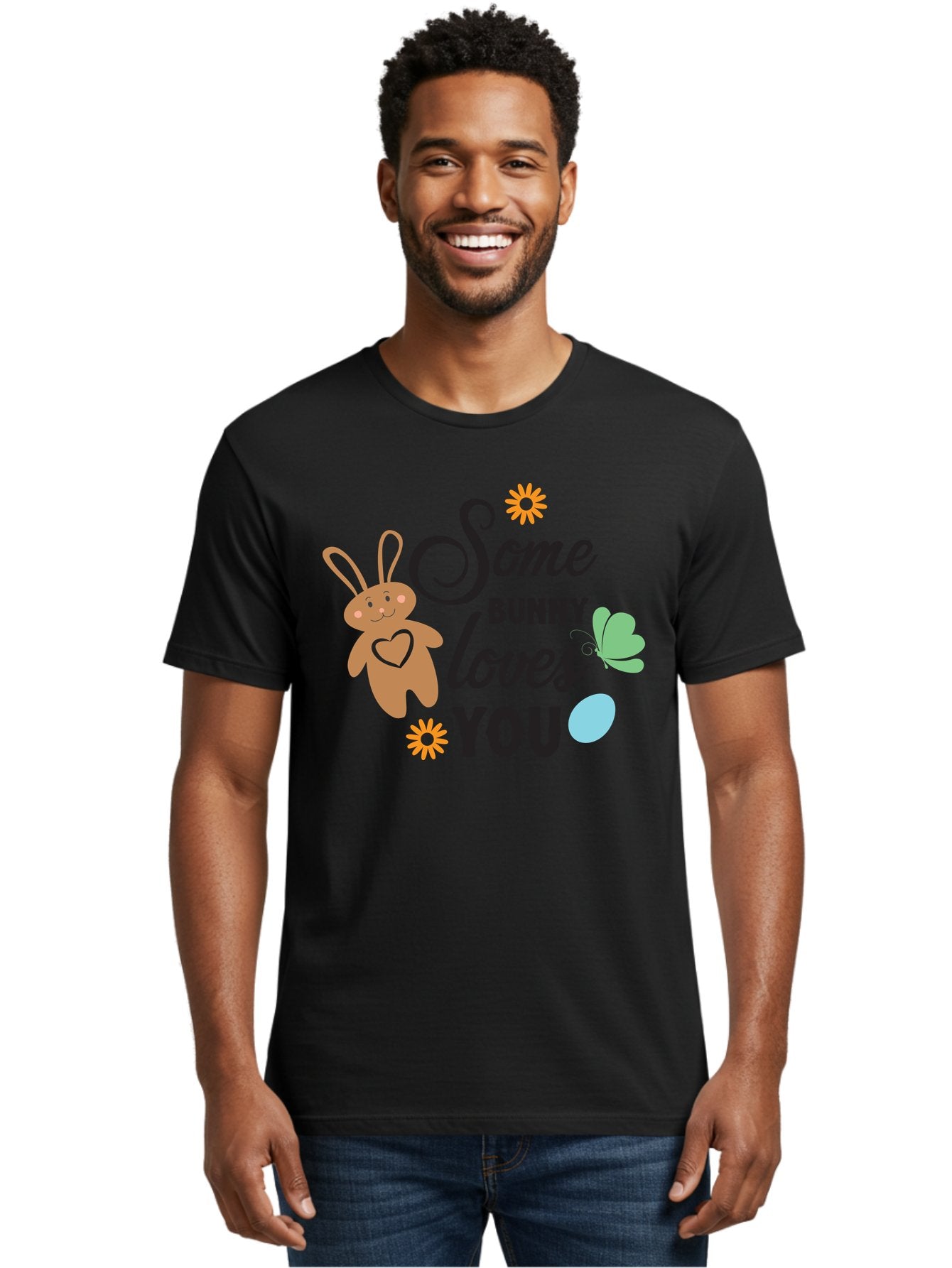 Some-Bunny-Loves-You Men'S Graphic Tee, 100% Cotton, Comfortable Casual Summer Wear, Machine Washable, Easter Bunny, Love Message, Cute Cartoons, Hearts, Spring Theme, Easter Eggs, Festive Designs, Adorable Bunnies, Spring Decorations Aad186 20